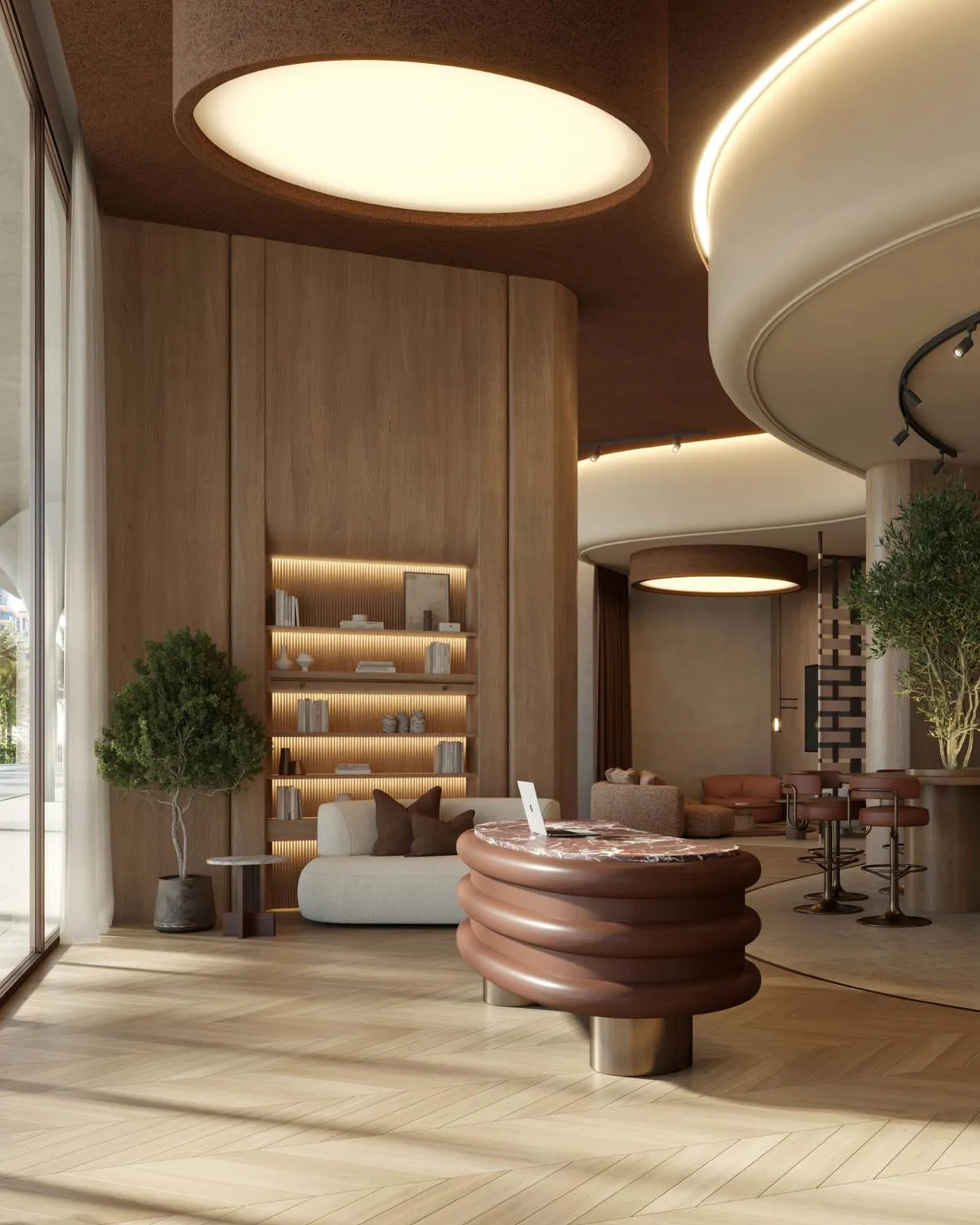 The Other Space lounge with timber walls, curved ceilings and a bar