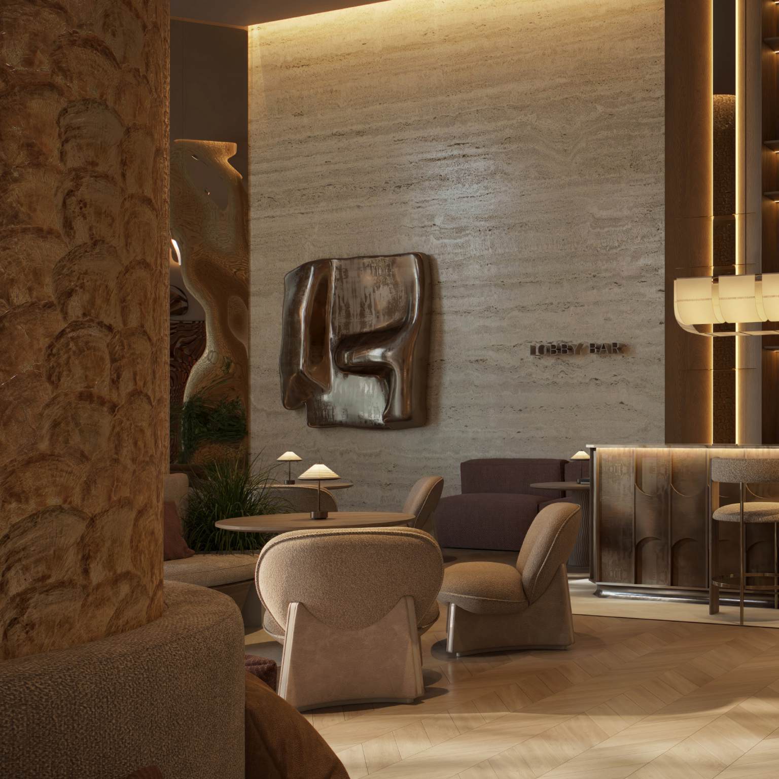 Lobby bar with travertine wall, sculpture and curved lounge chairs