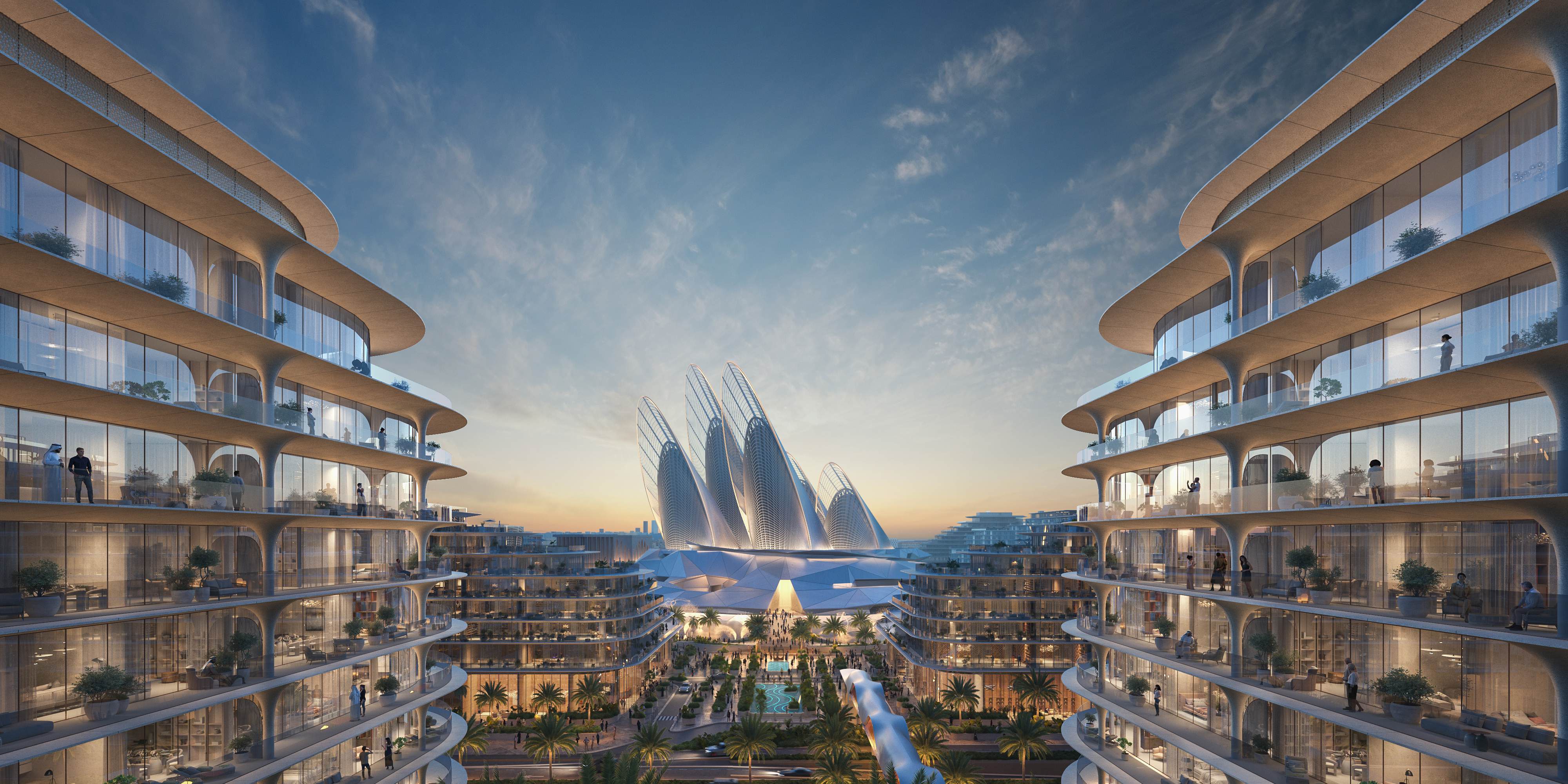 Terraced buildings of The Row framing Zayed National Museum at sunset