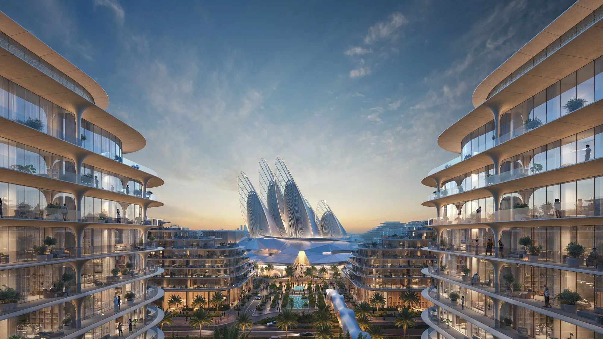 Terraced buildings of The Row framing Zayed National Museum at sunset