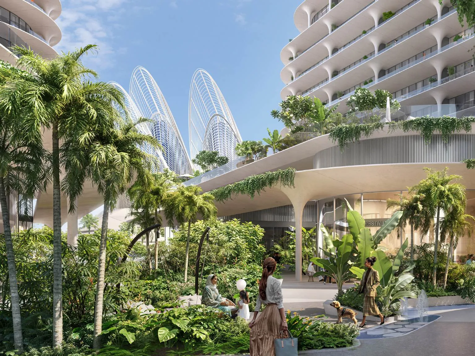 Palm-lined garden path beneath the curving balconies of The Row
