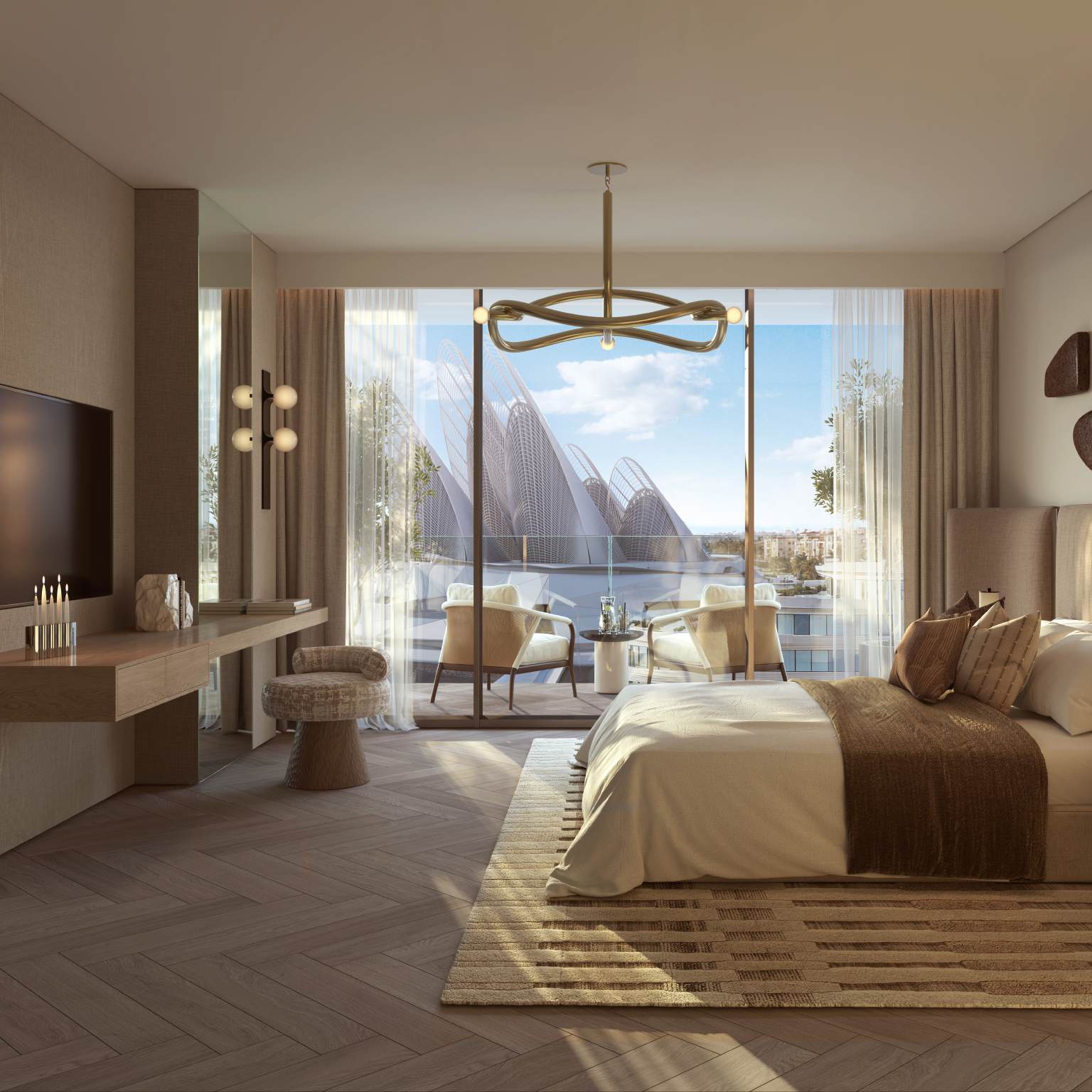Bedroom with herringbone floor and a balcony looking at the museum