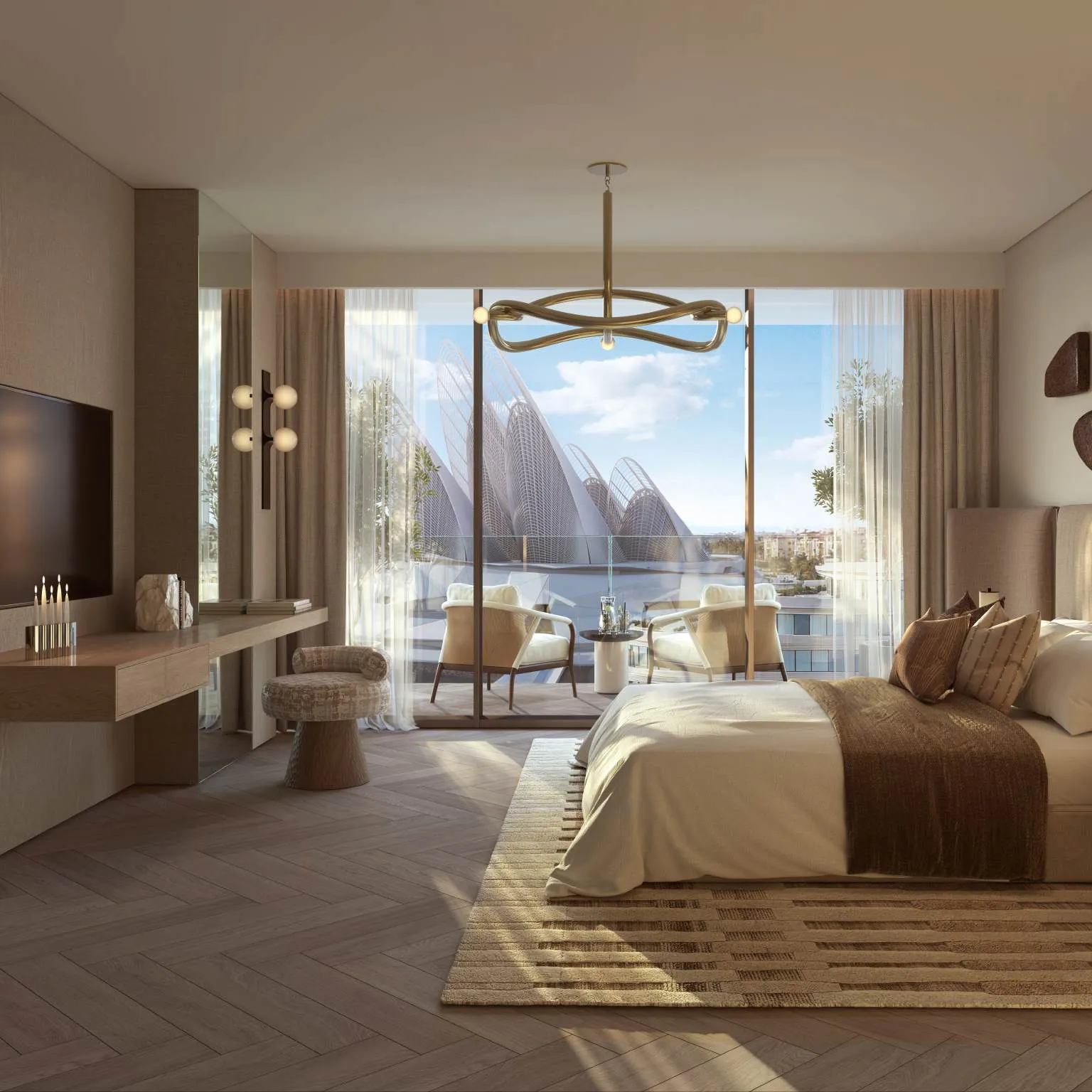 Bedroom with herringbone floor and a balcony looking at the museum