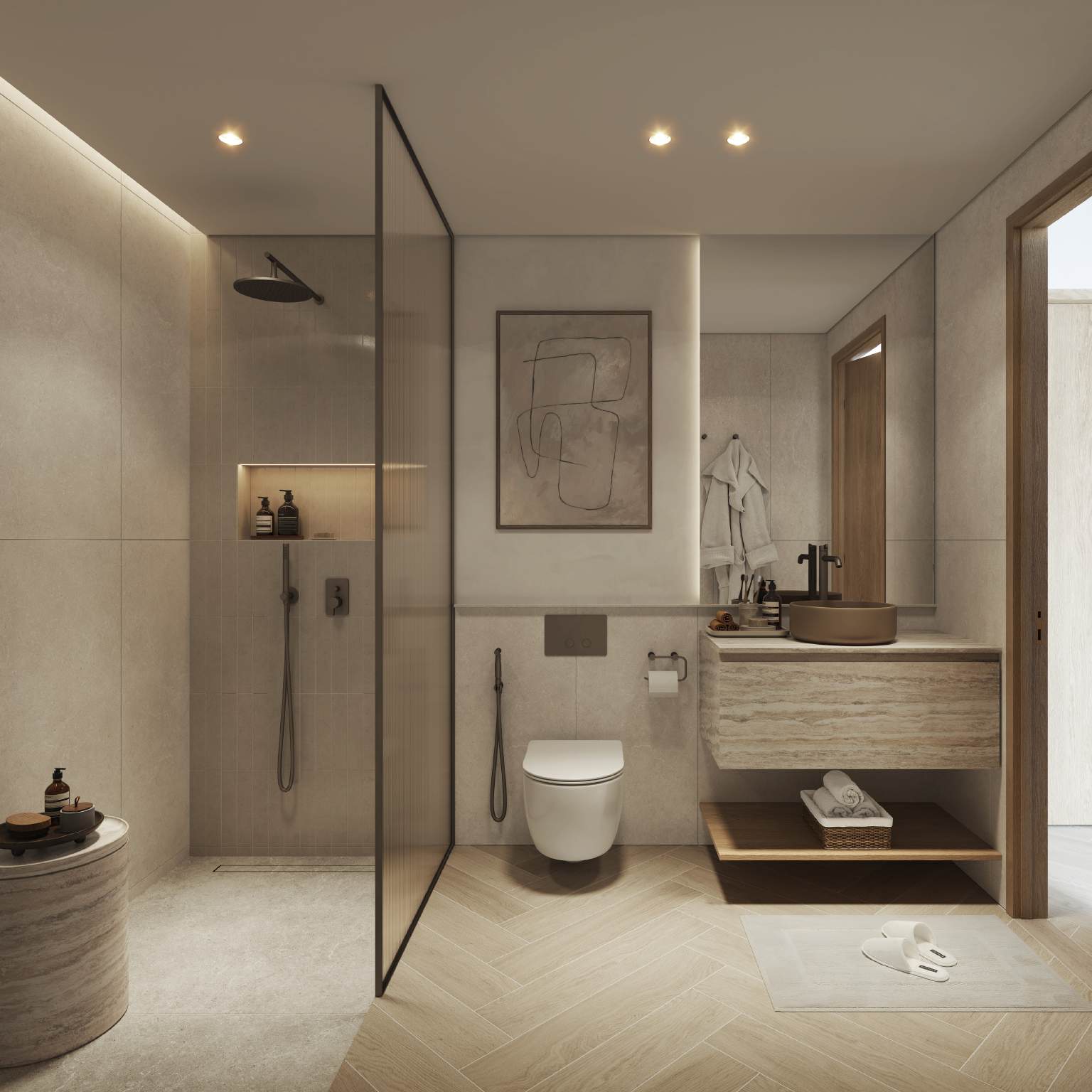 Bathroom with walk-in shower, stone vanity and herringbone floor