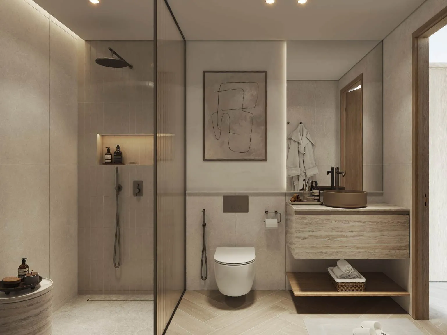 Bathroom with walk-in shower, stone vanity and herringbone floor