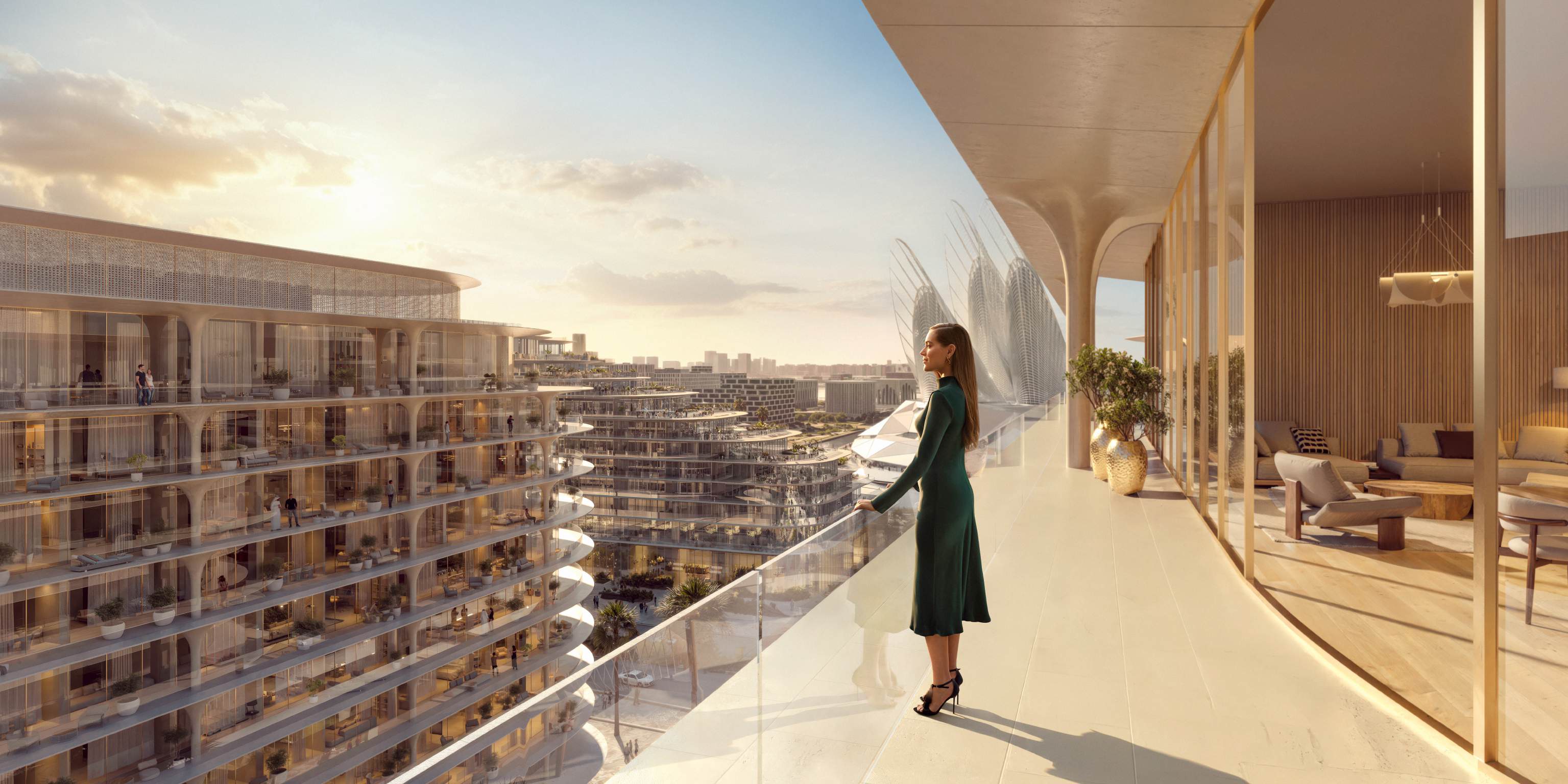 Curved balcony at sunset looking across the terraced buildings of The Row