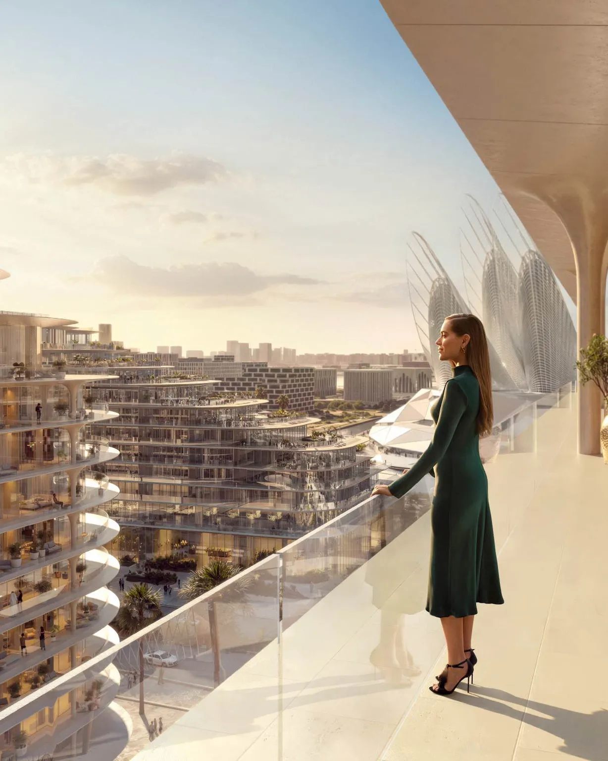 Curved balcony at sunset looking across the terraced buildings of The Row