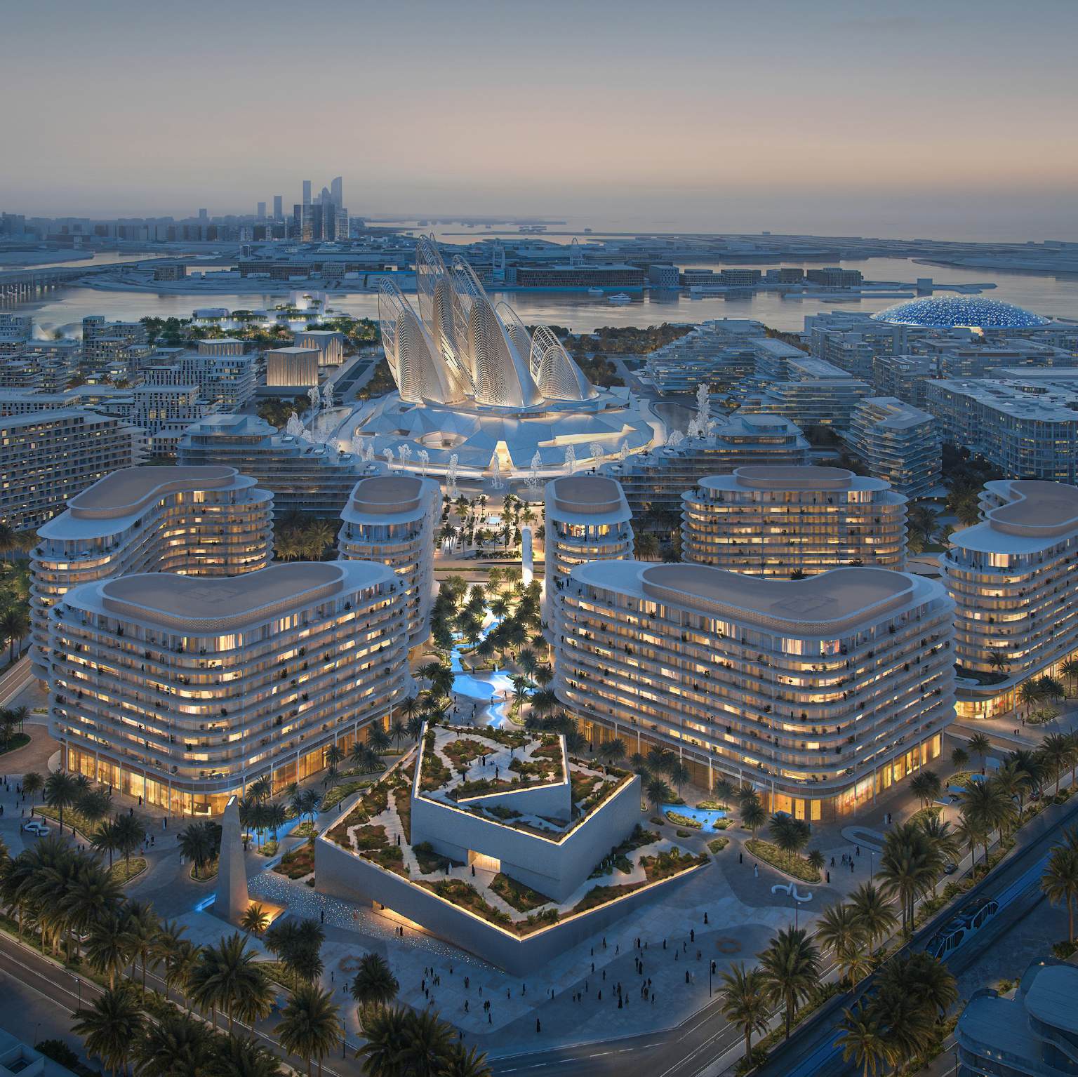 Aerial view at dusk of The Row's buildings beside Zayed National Museum