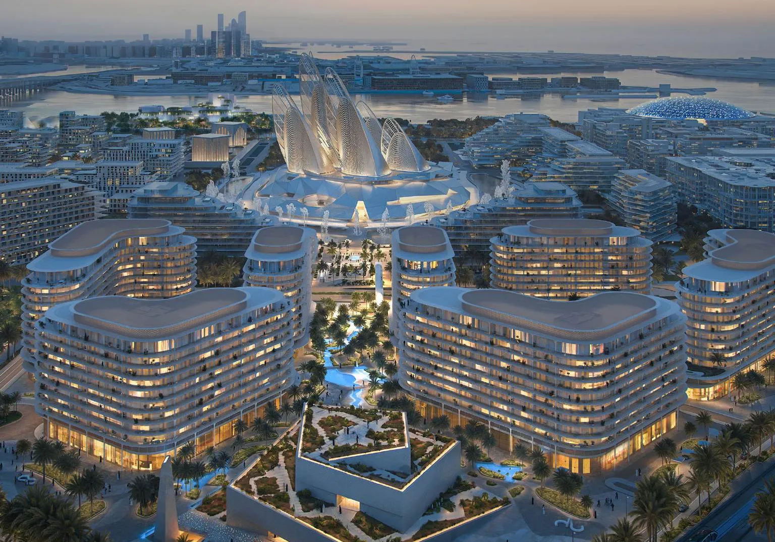 Aerial view at dusk of The Row's buildings beside Zayed National Museum