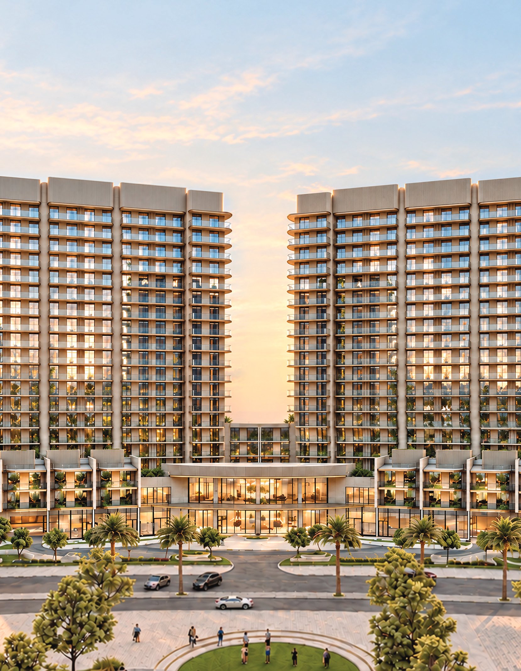 Twin Ardee Views towers at sunset above a palm-lined arrival drive