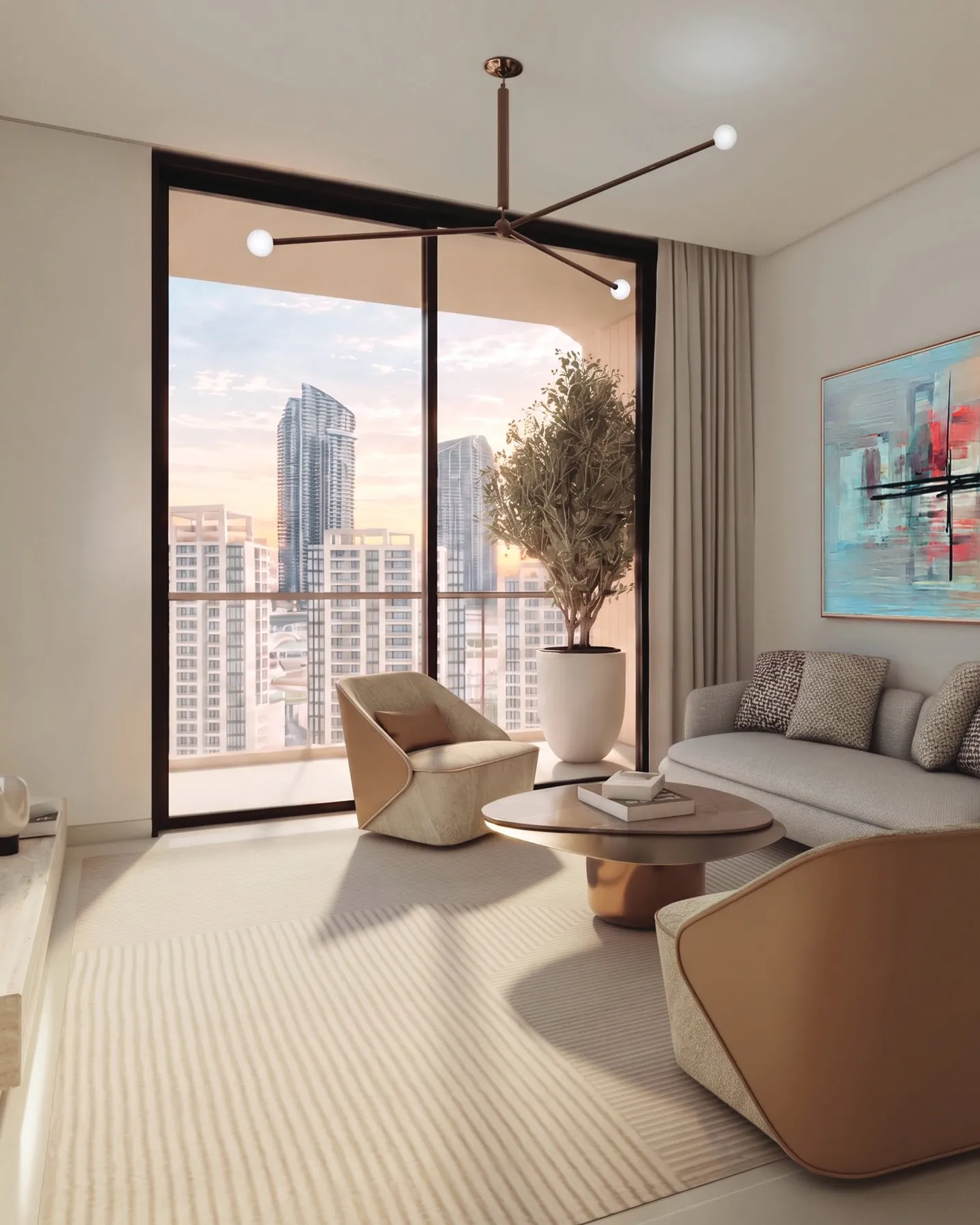 Living room with floor-to-ceiling glass doors opening to a balcony at dusk