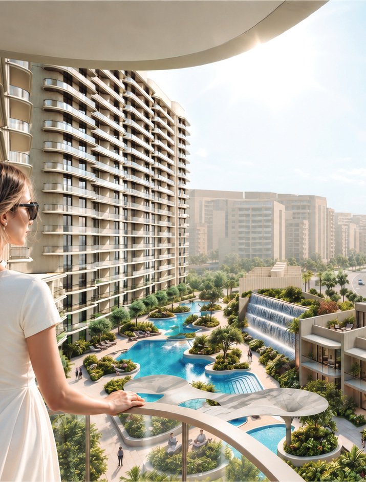 View from a balcony over winding pools, palms and a water wall