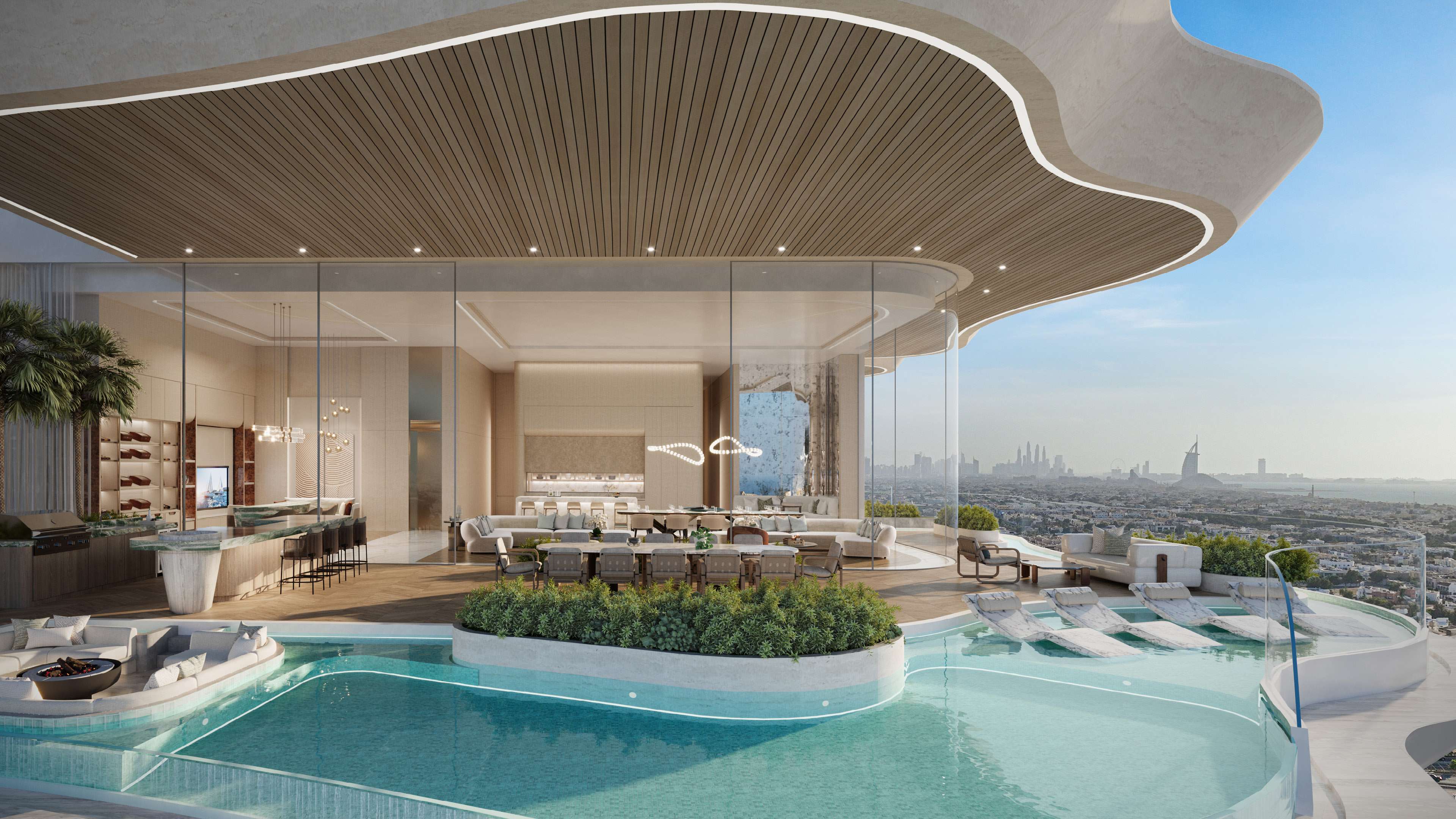 Open terrace with pool, outdoor kitchen and dining under a timber canopy