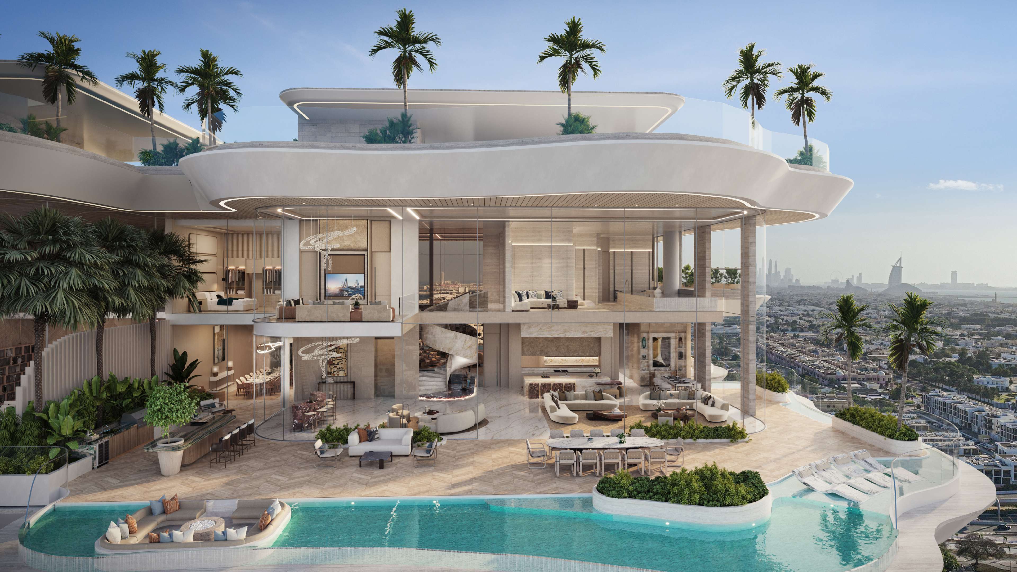 Double-height glass residence opening onto a palm-lined terrace pool