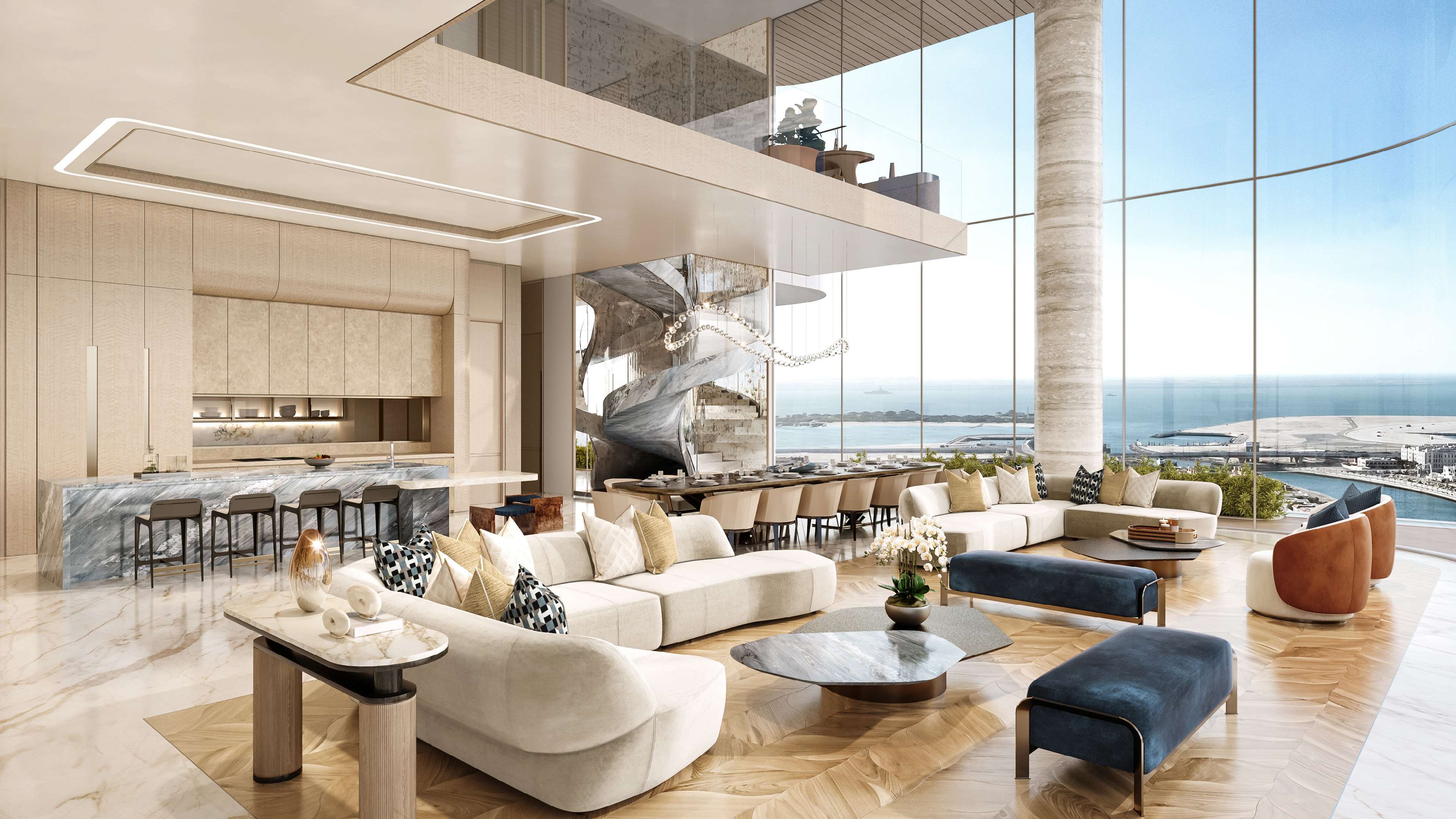 Bright living room with marble kitchen, spiral stair and sea views