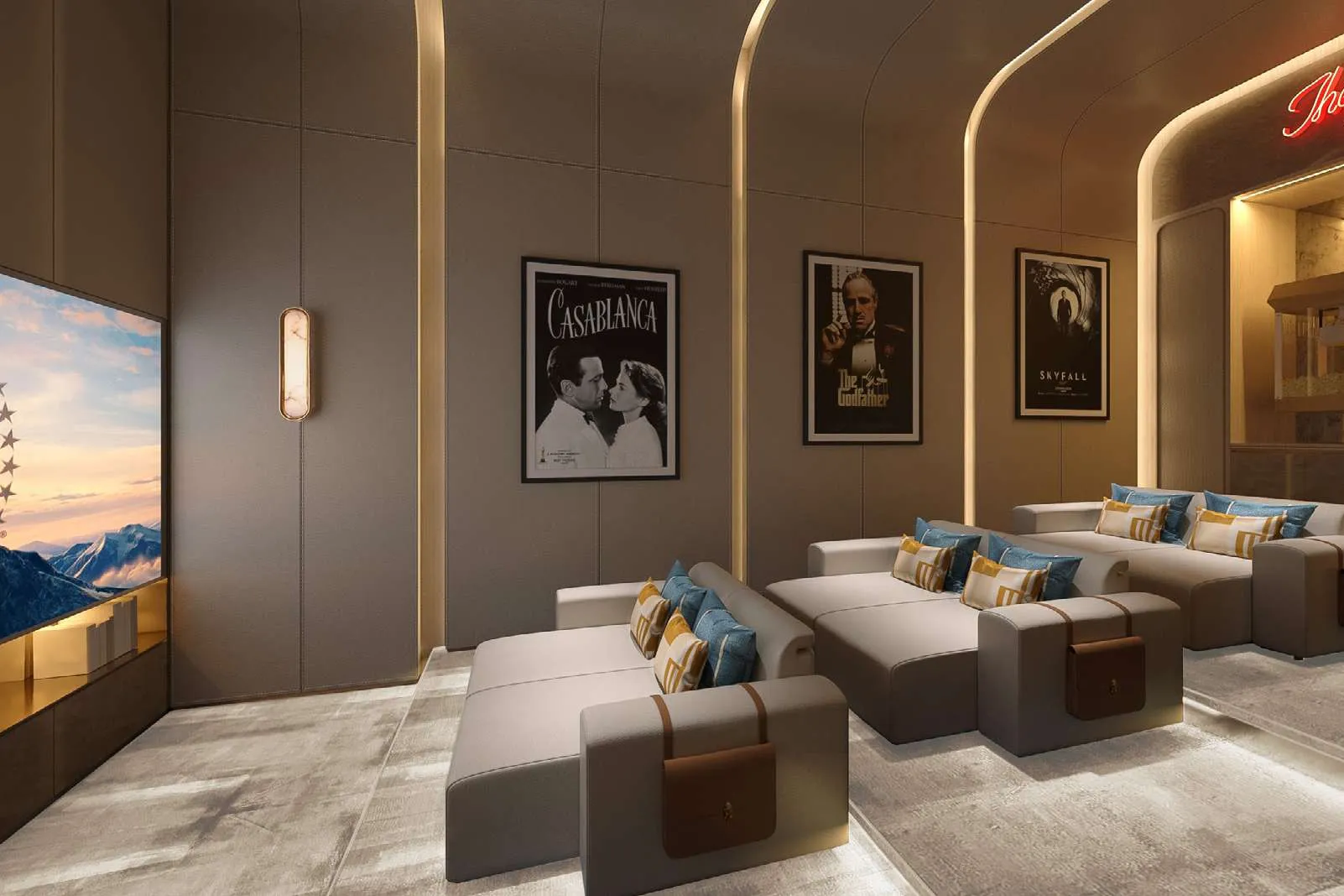 Private screening room with deep lounge seating and a large screen