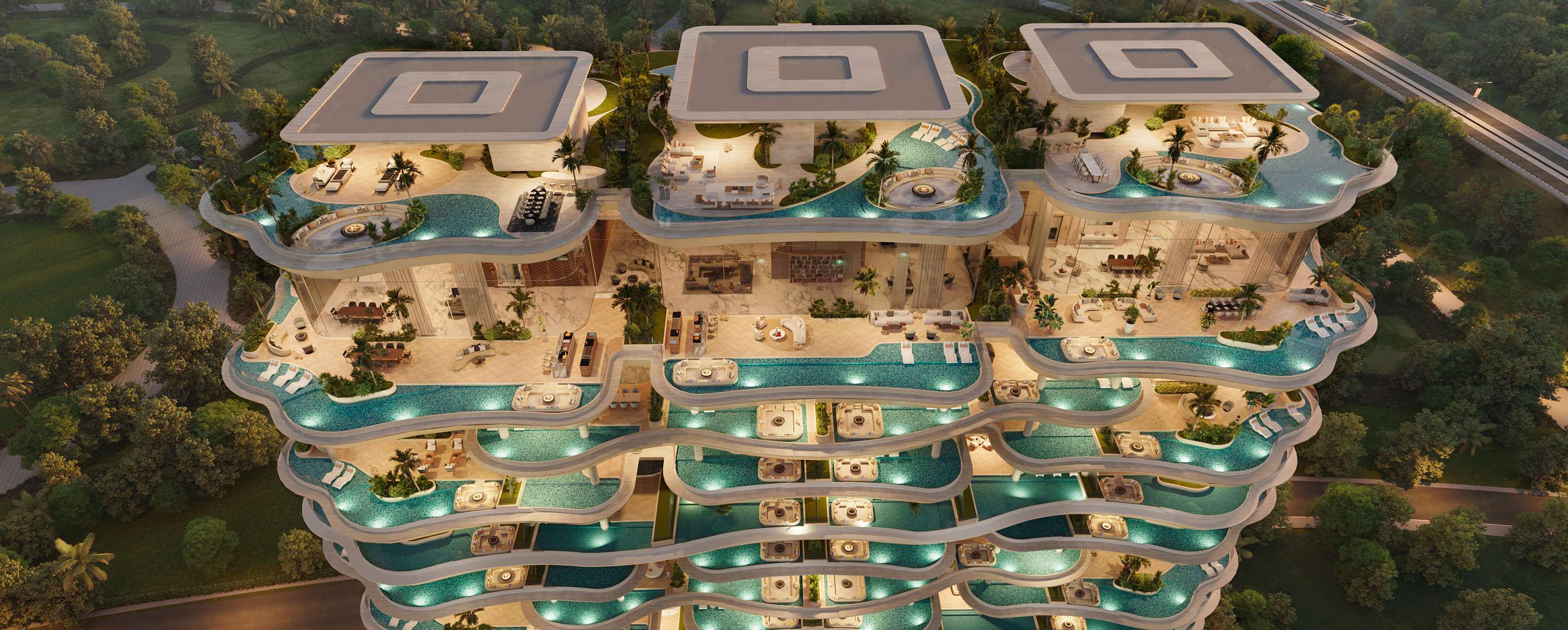 Upper floors from above, each terrace wrapped by its own lit pool