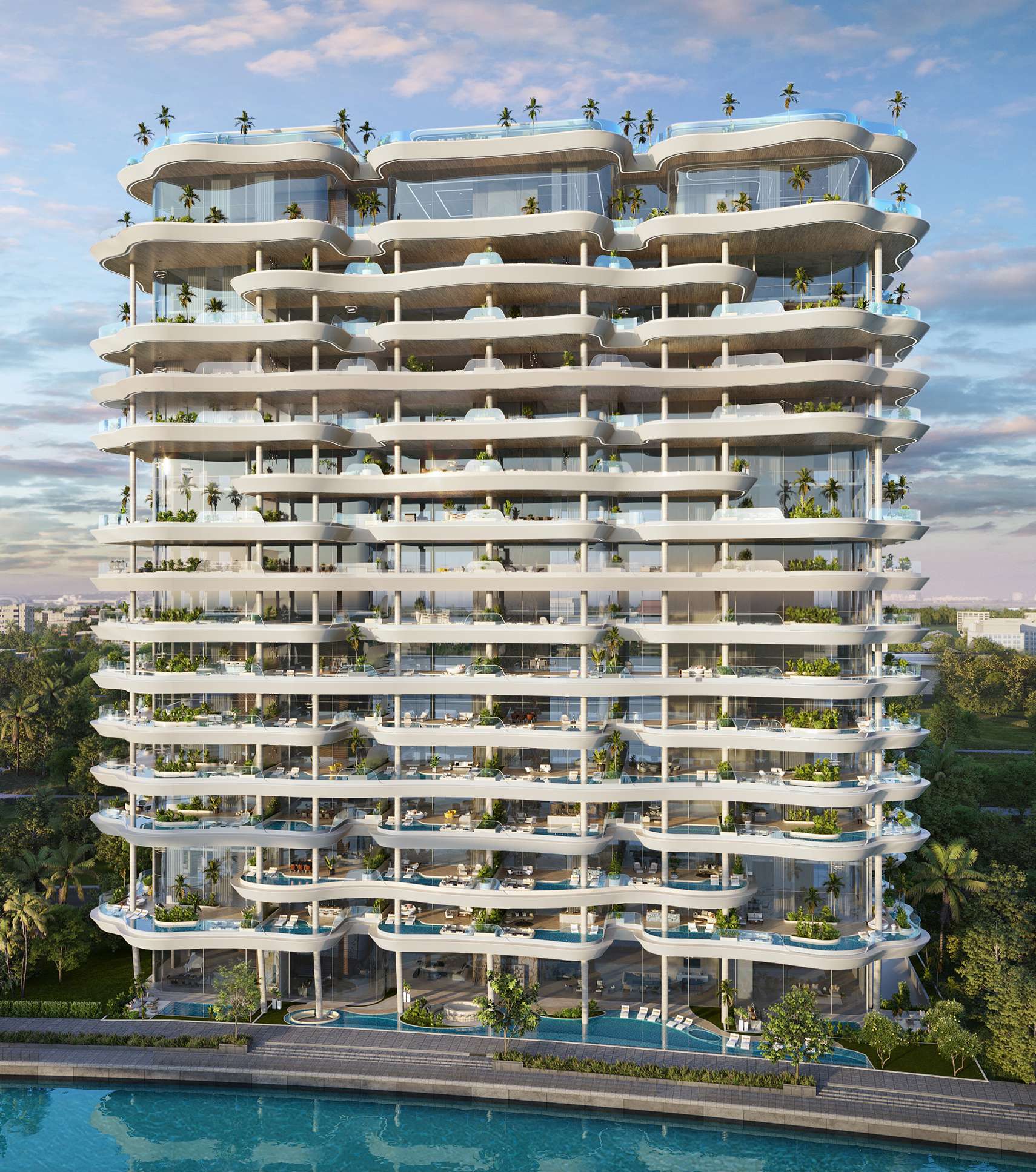 Curving white terraces of Casa Canal rising above the water