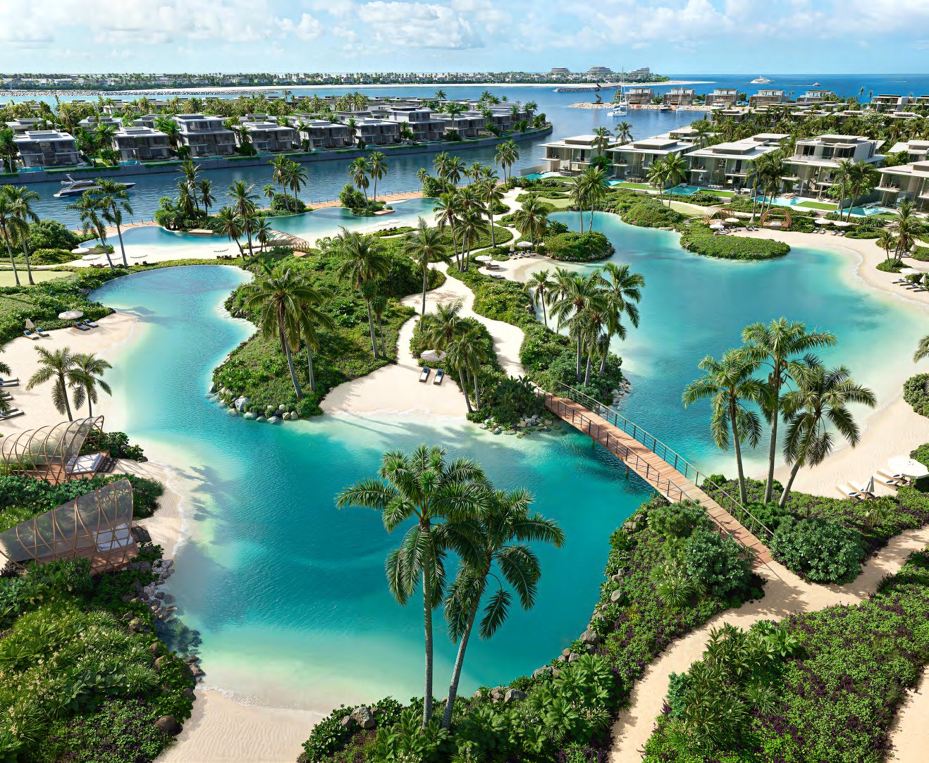 Turquoise lagoon with sandy islands, palms and a wooden footbridge