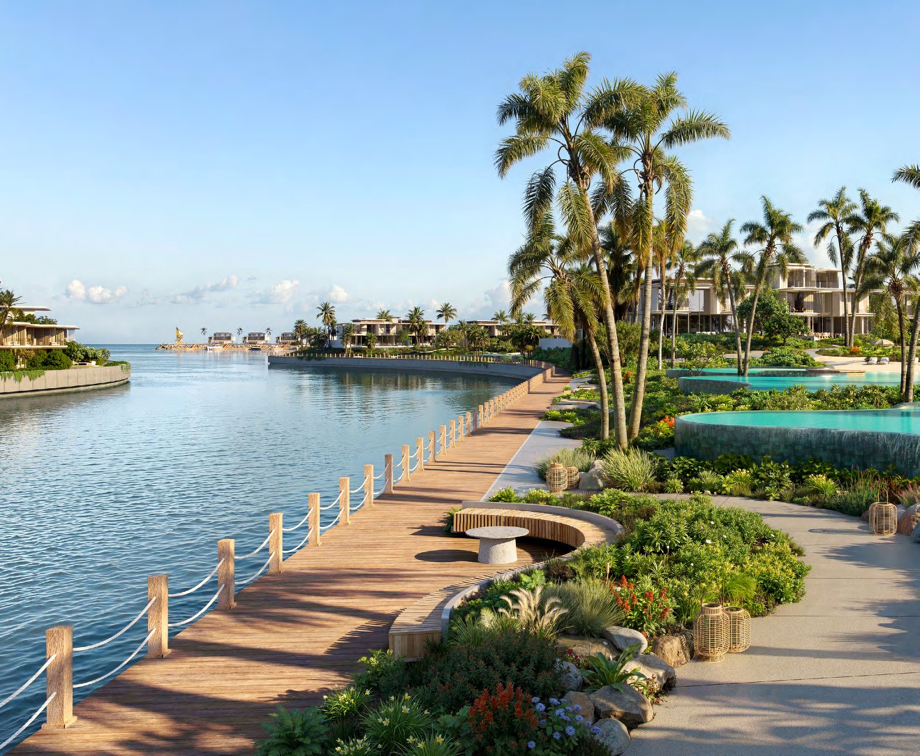 Timber promenade along the water with palms and villas beside it