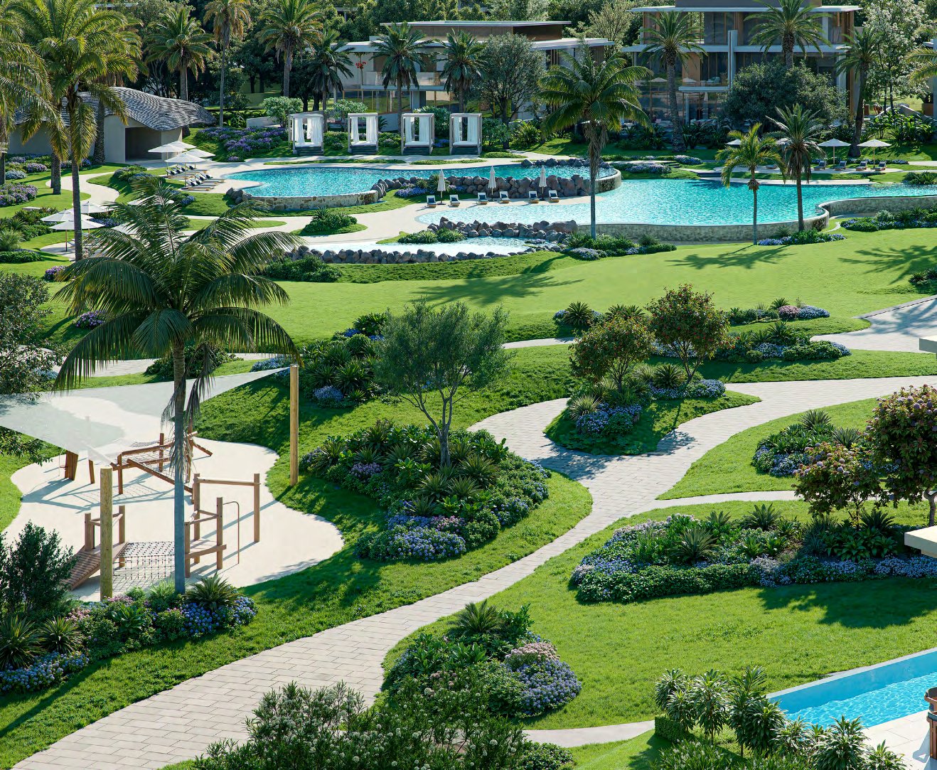 Winding paths through lawns and flower beds towards a pool