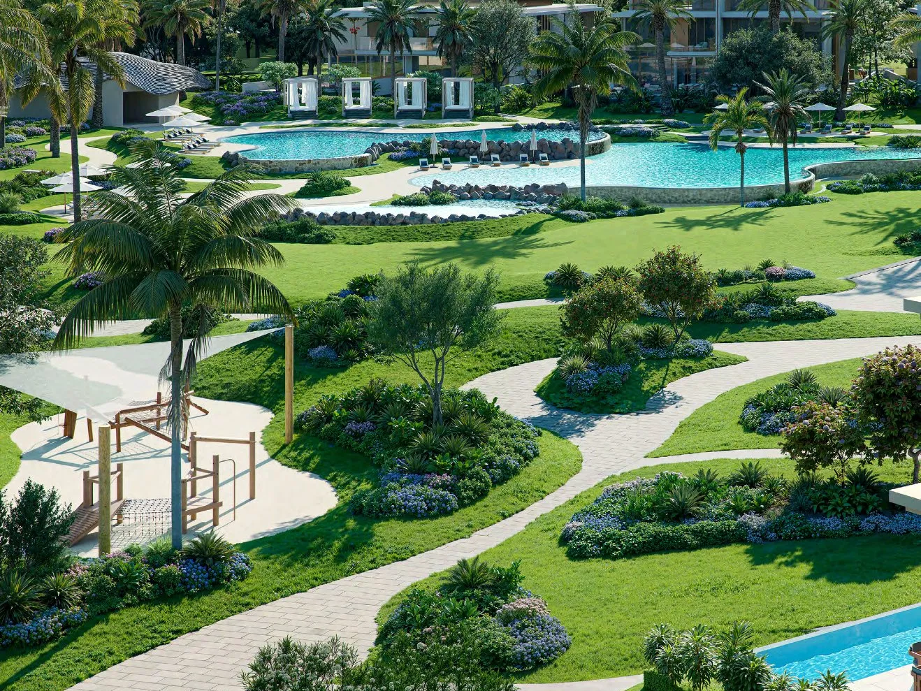 Winding paths through lawns and flower beds towards a pool