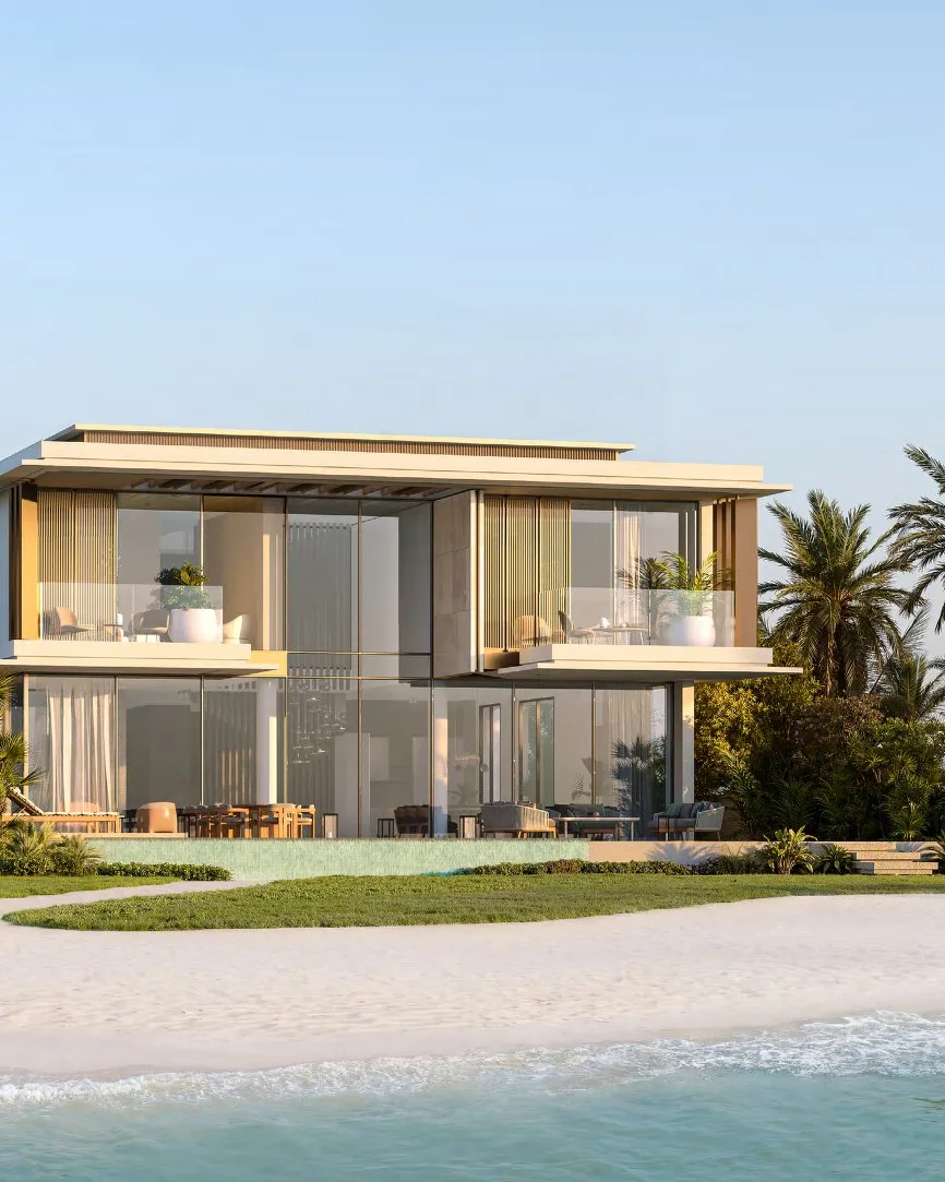 Reference design villa with glass facade and pool facing the beach