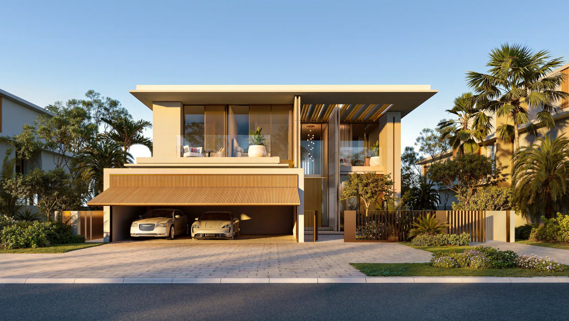 Reference design villa entrance with covered parking and slatted gate