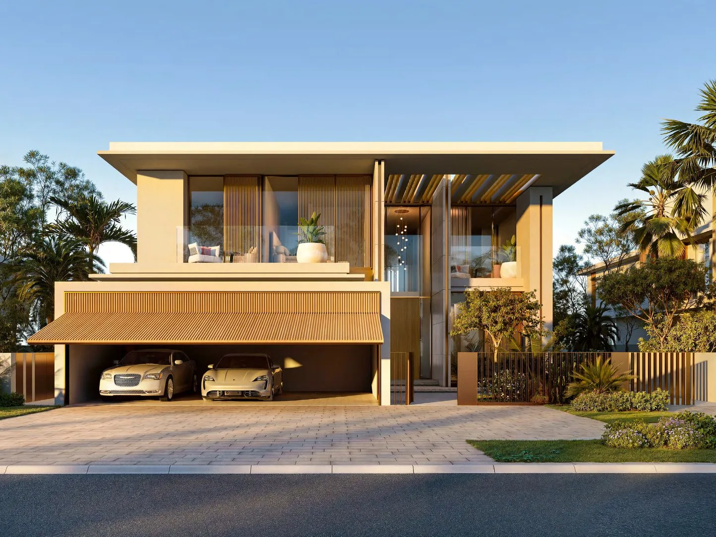 Reference design villa entrance with covered parking and slatted gate