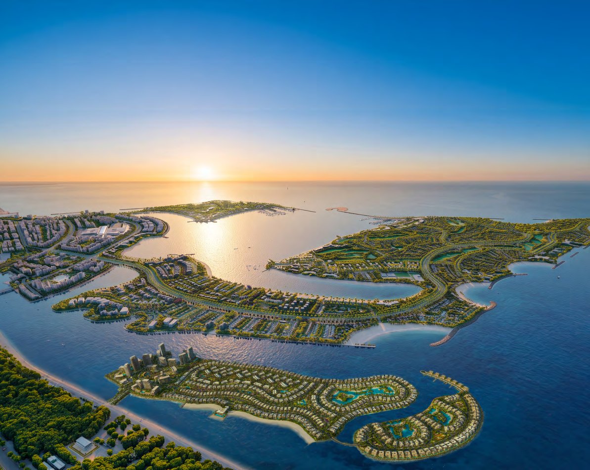 Aerial view of the Dubai Islands masterplan at sunset over the sea