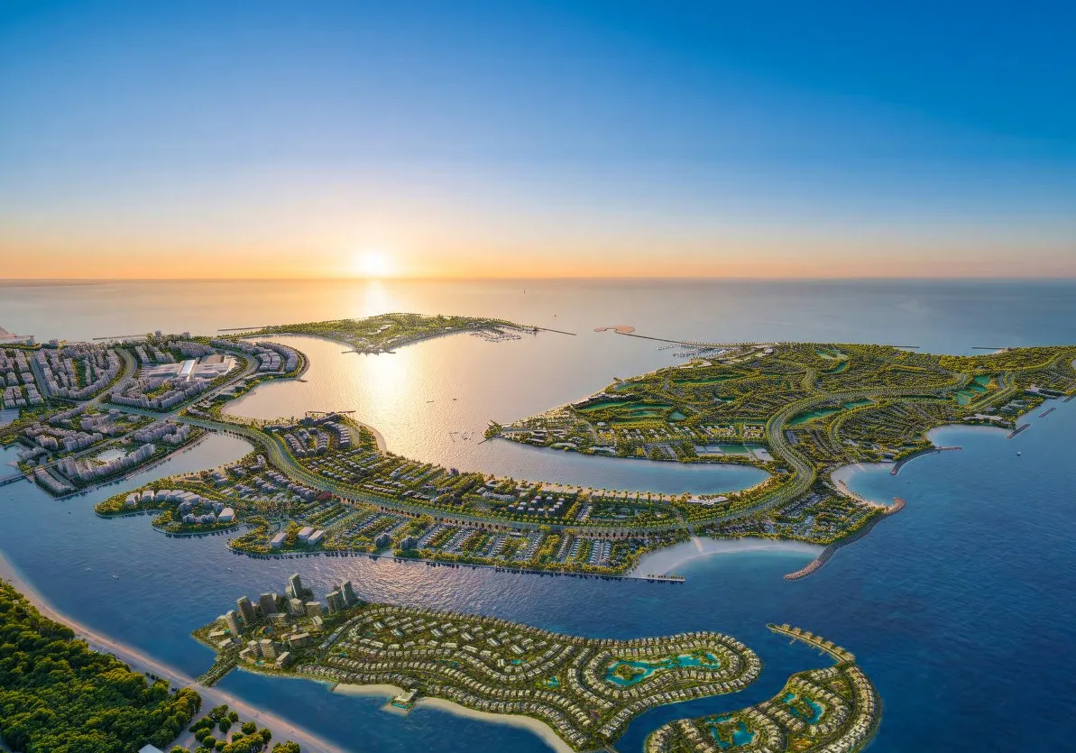Aerial view of the Dubai Islands masterplan at sunset over the sea