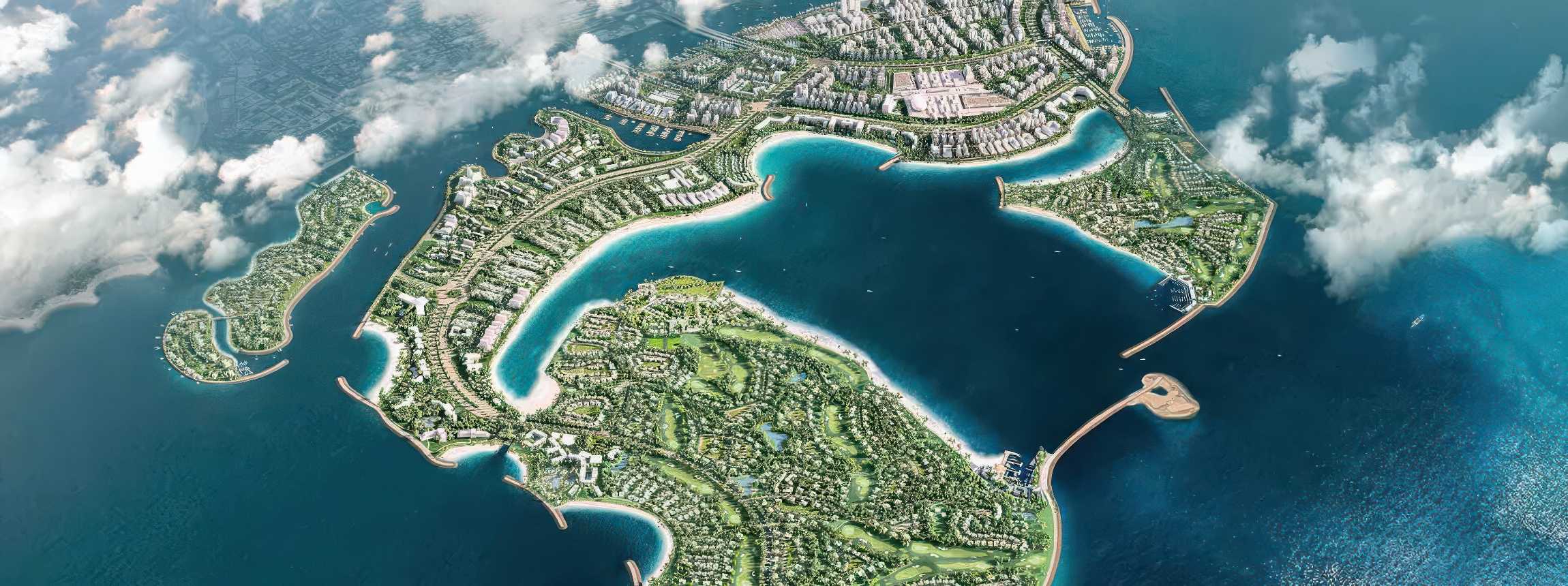 Aerial view of the Dubai Islands masterplan with beaches, marinas and golf
