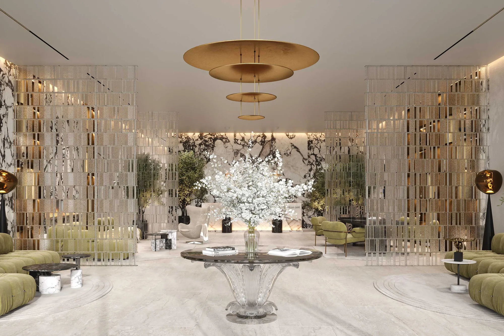 Marble lobby with glass screens, green velvet sofas and crystal centre table