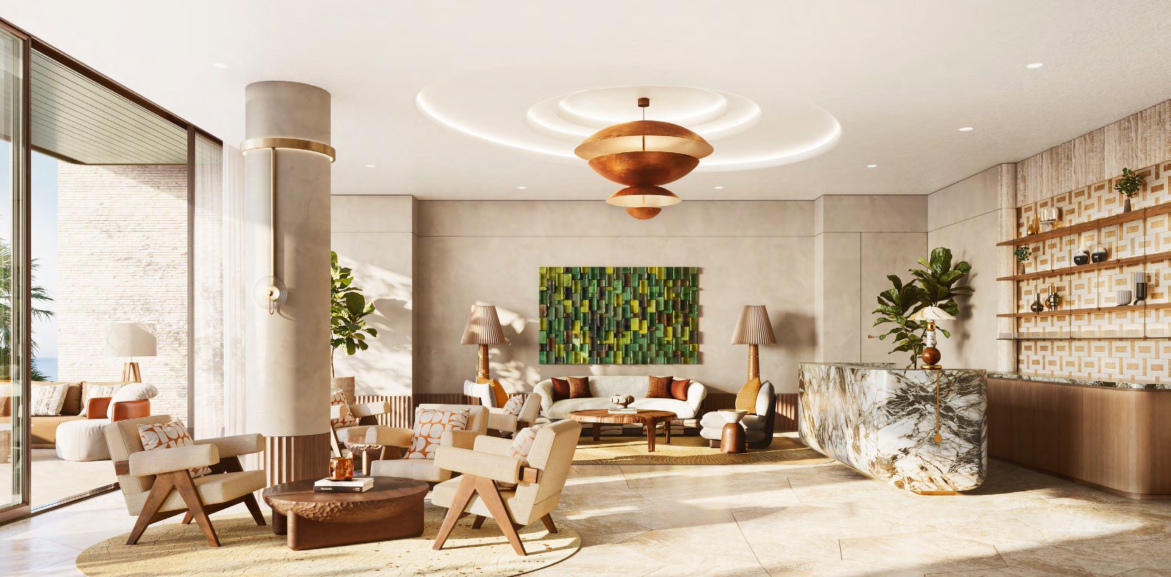 Residents' lounge with armchairs, marble bar and a terrace beyond