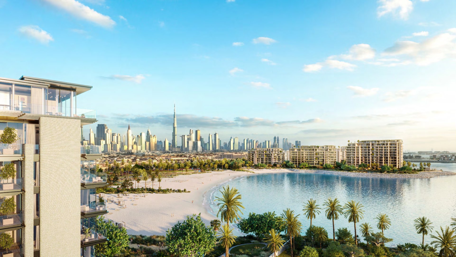 Aerial view of Solaya's bay and beach with the Dubai skyline behind