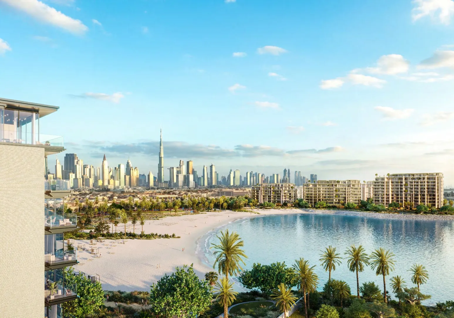 Aerial view of Solaya's bay and beach with the Dubai skyline behind