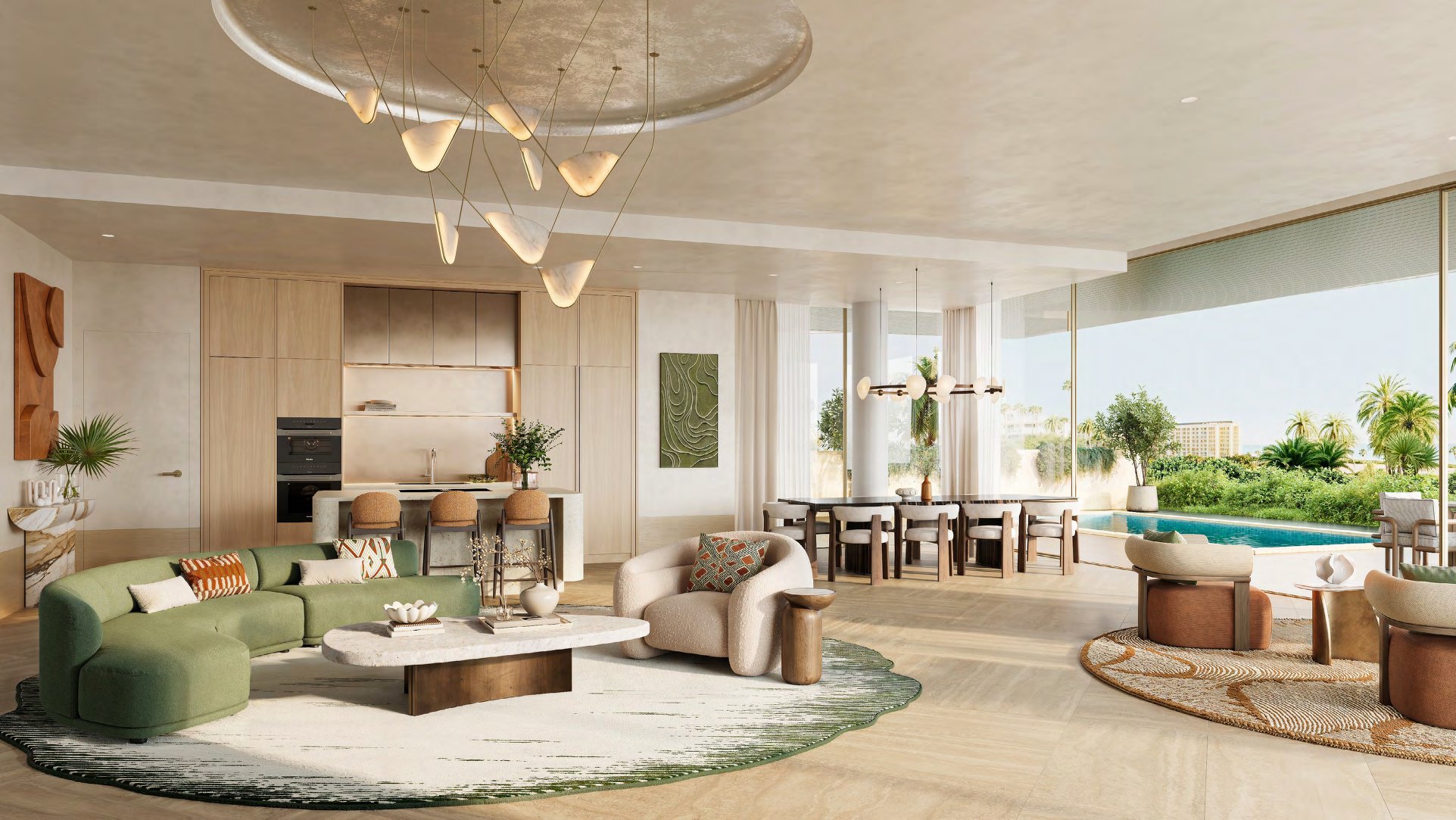 Garden home living space opening onto a private pool and greenery