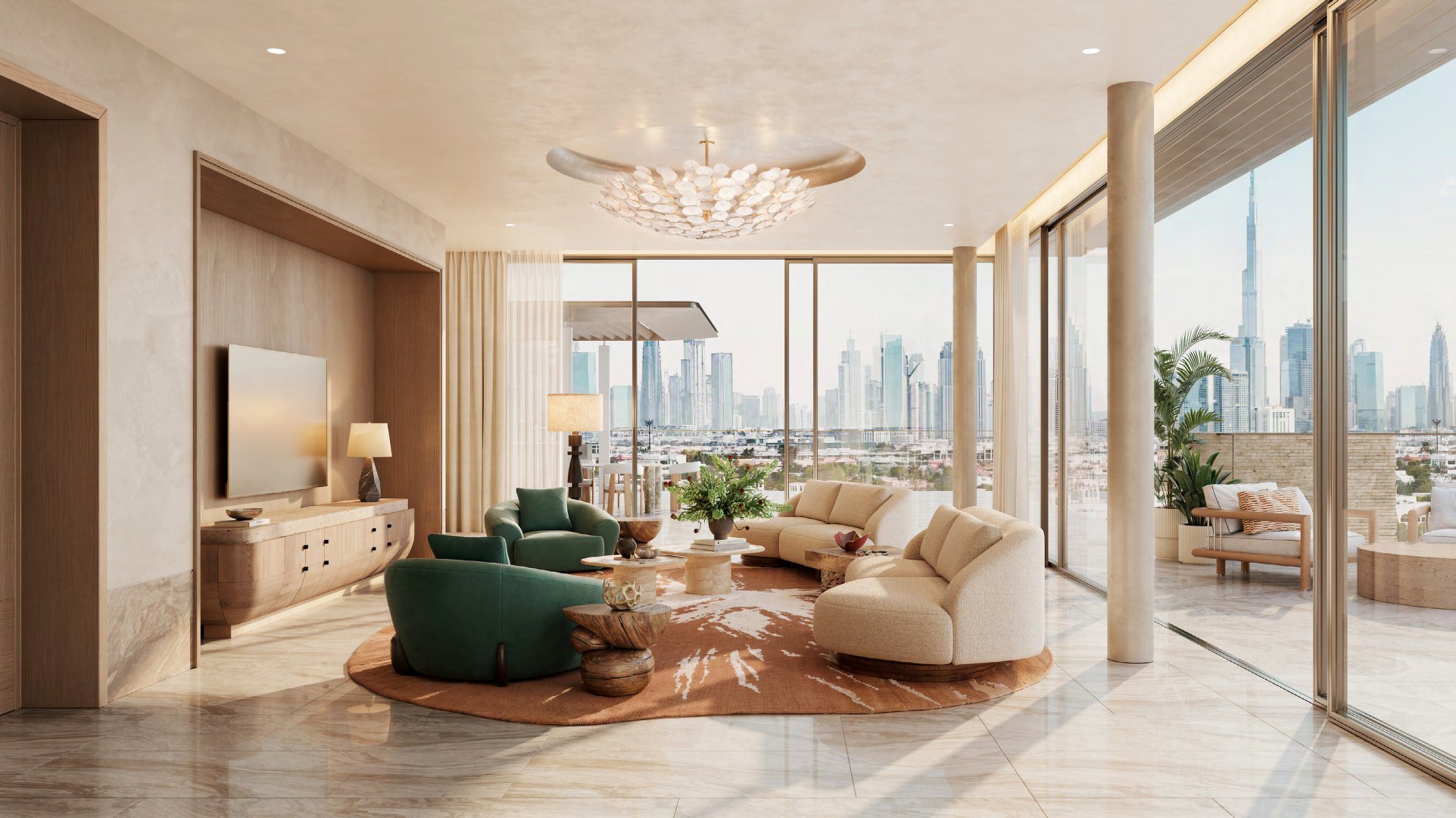 Penthouse living room with glass walls framing the Downtown skyline