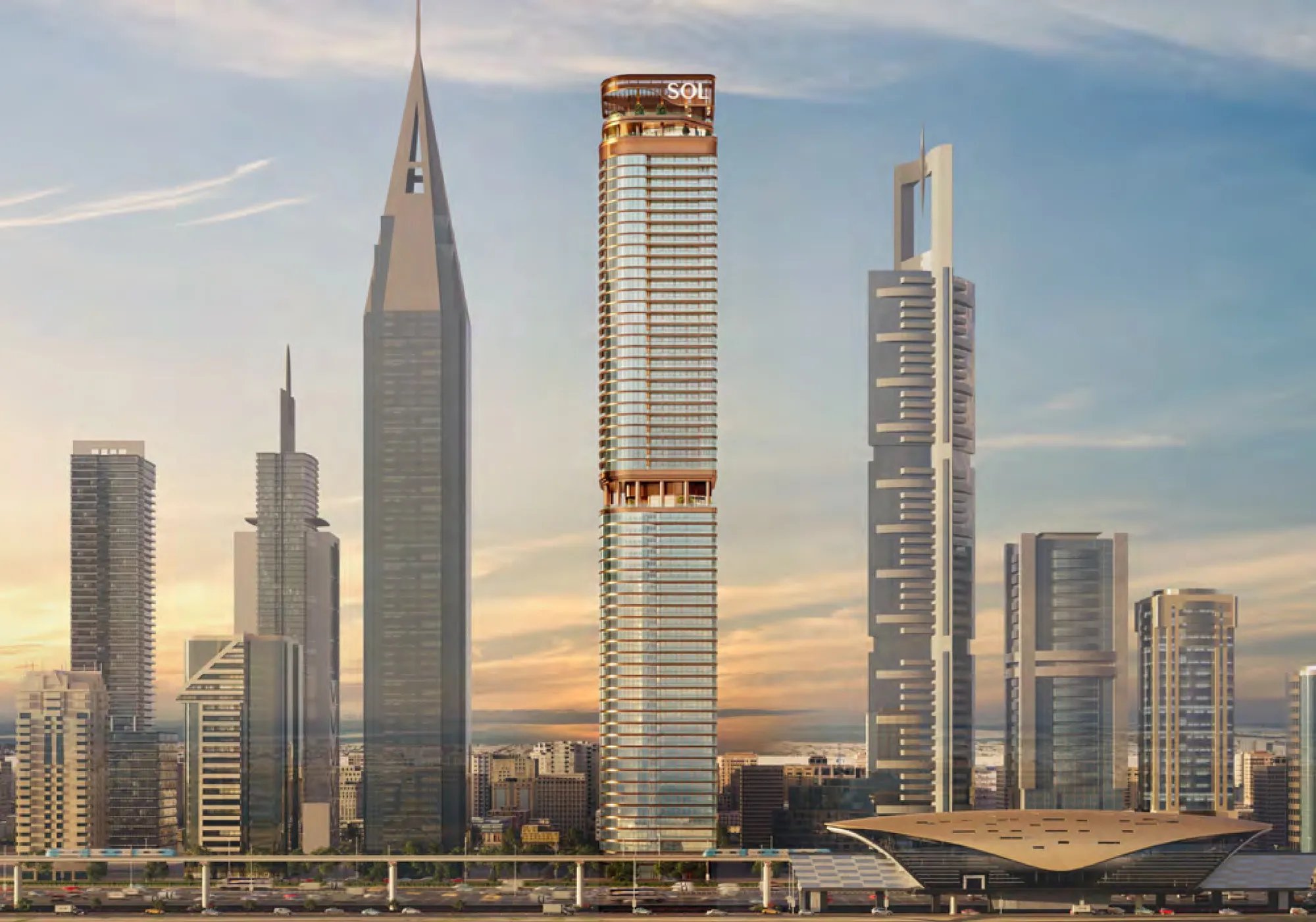 Sol Luxe among the towers of Sheikh Zayed Road at sunset