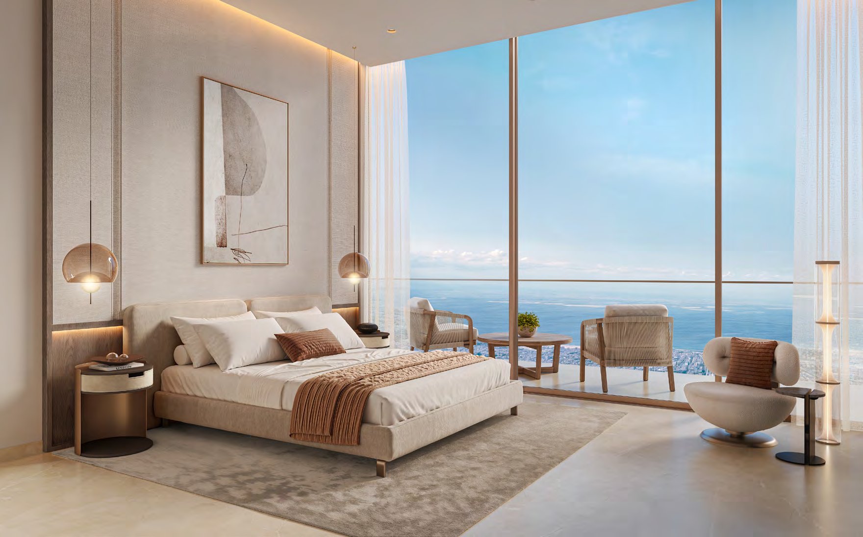 Bedroom with full-height glass opening onto a balcony above the sea