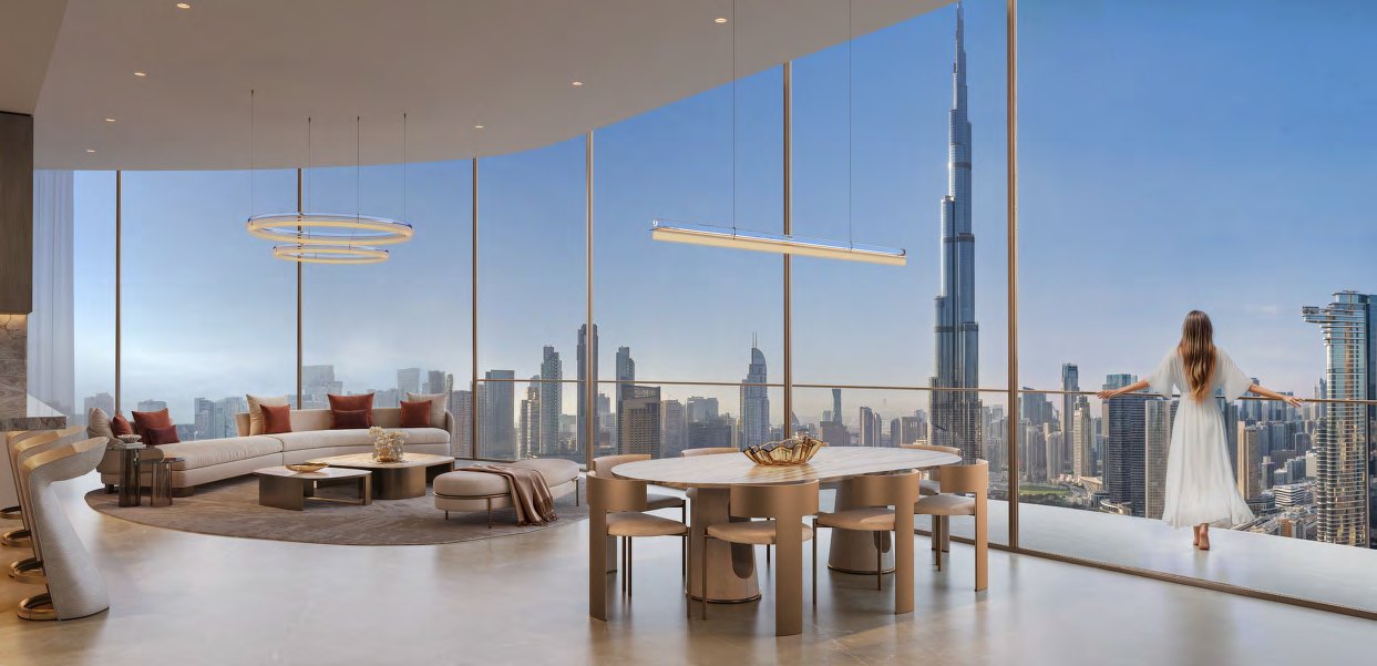 Wide living and dining space with floor-to-ceiling windows onto the skyline