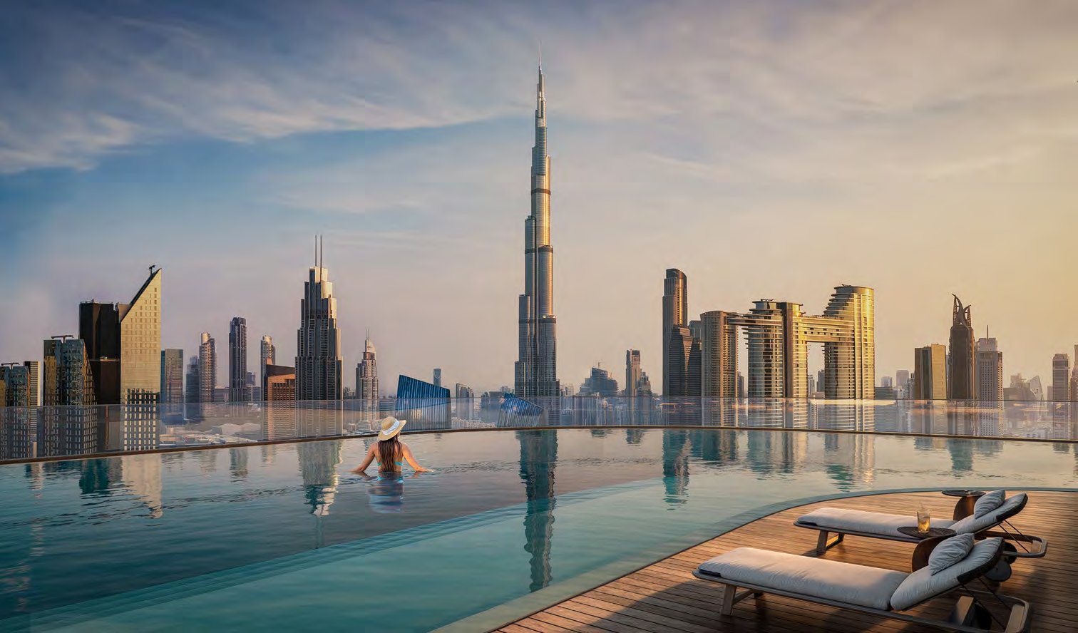 Rooftop infinity pool with sun loungers facing Burj Khalifa