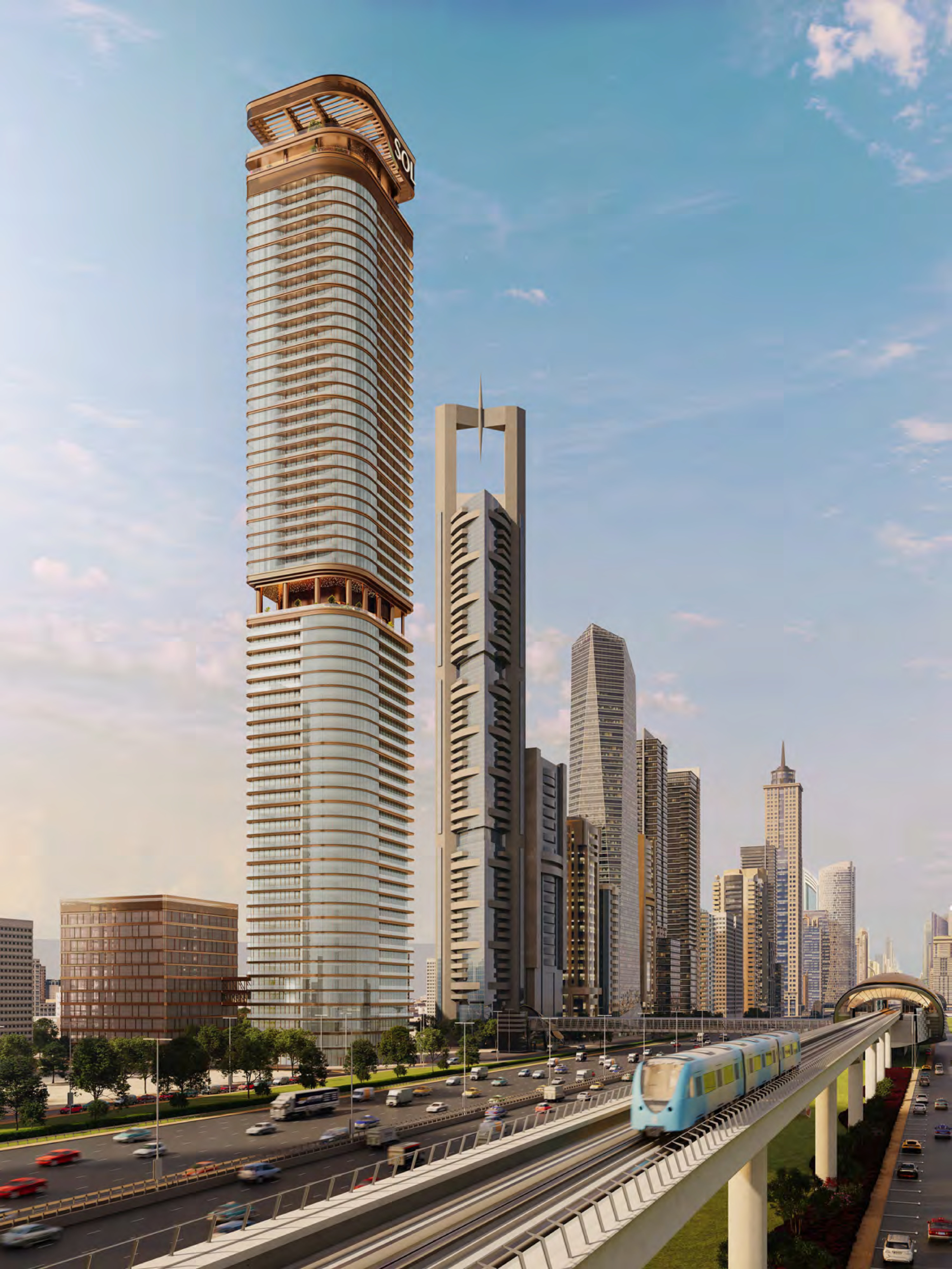 The tower rising beside Sheikh Zayed Road, with the metro passing below