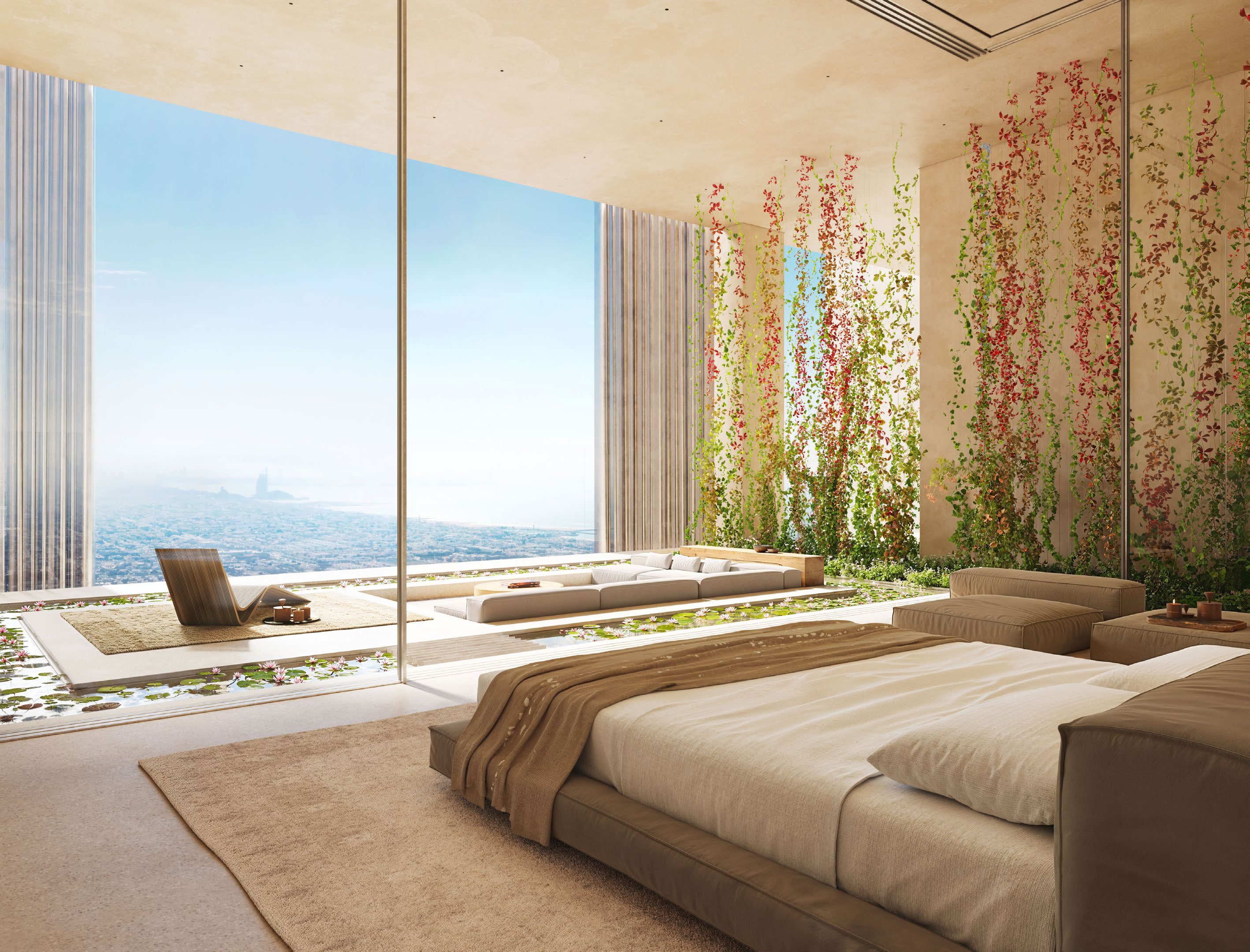 Bedroom opening onto a garden terrace with lily pond and sea view