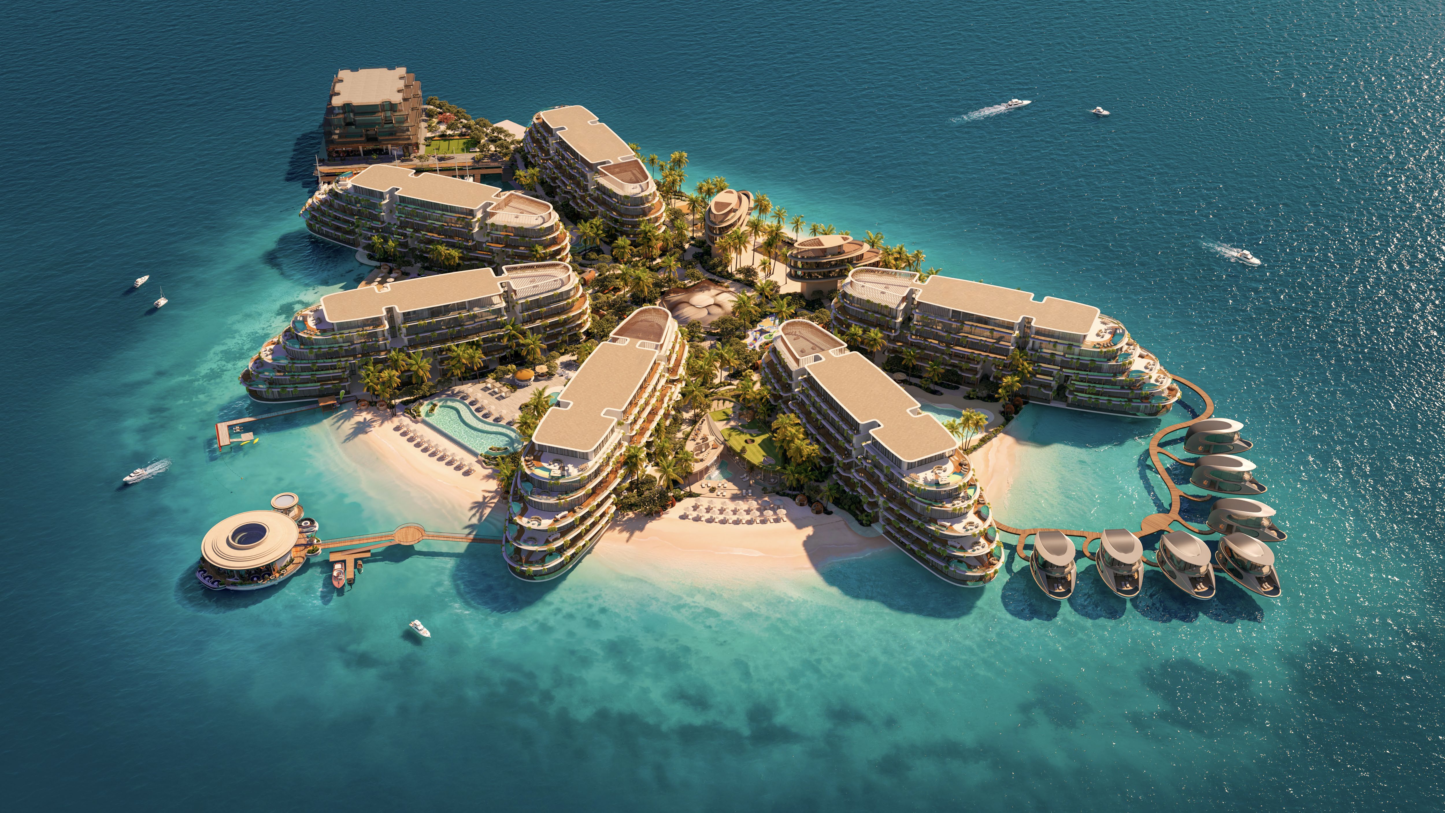Aerial of the whole island with buildings, beaches and over-water villas