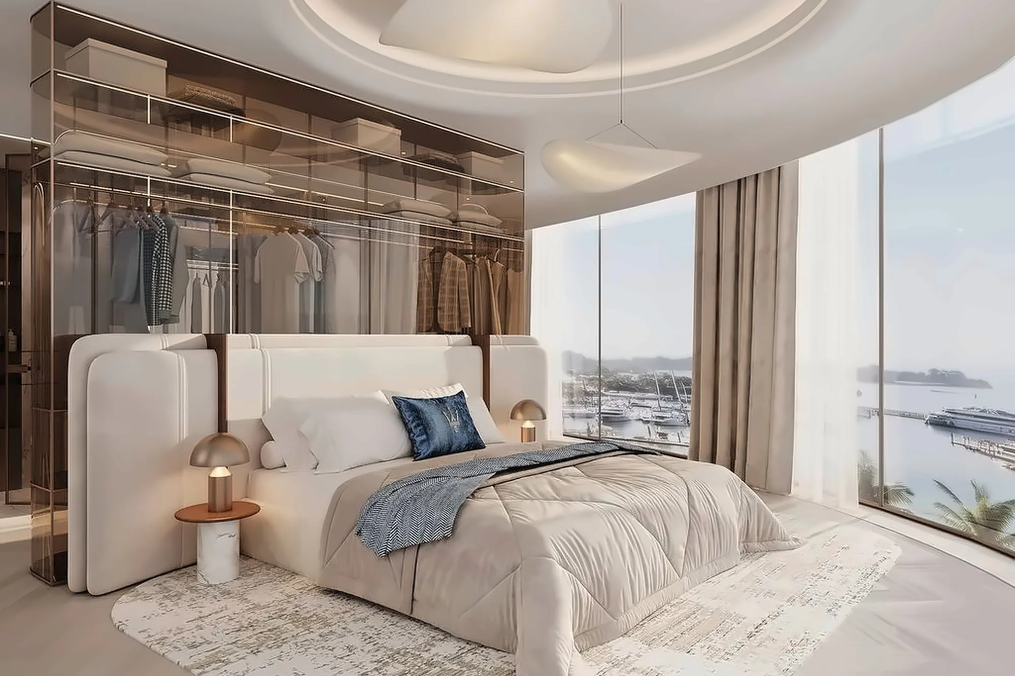 Welcome centre lounge with curved sofas and the Dubai skyline behind