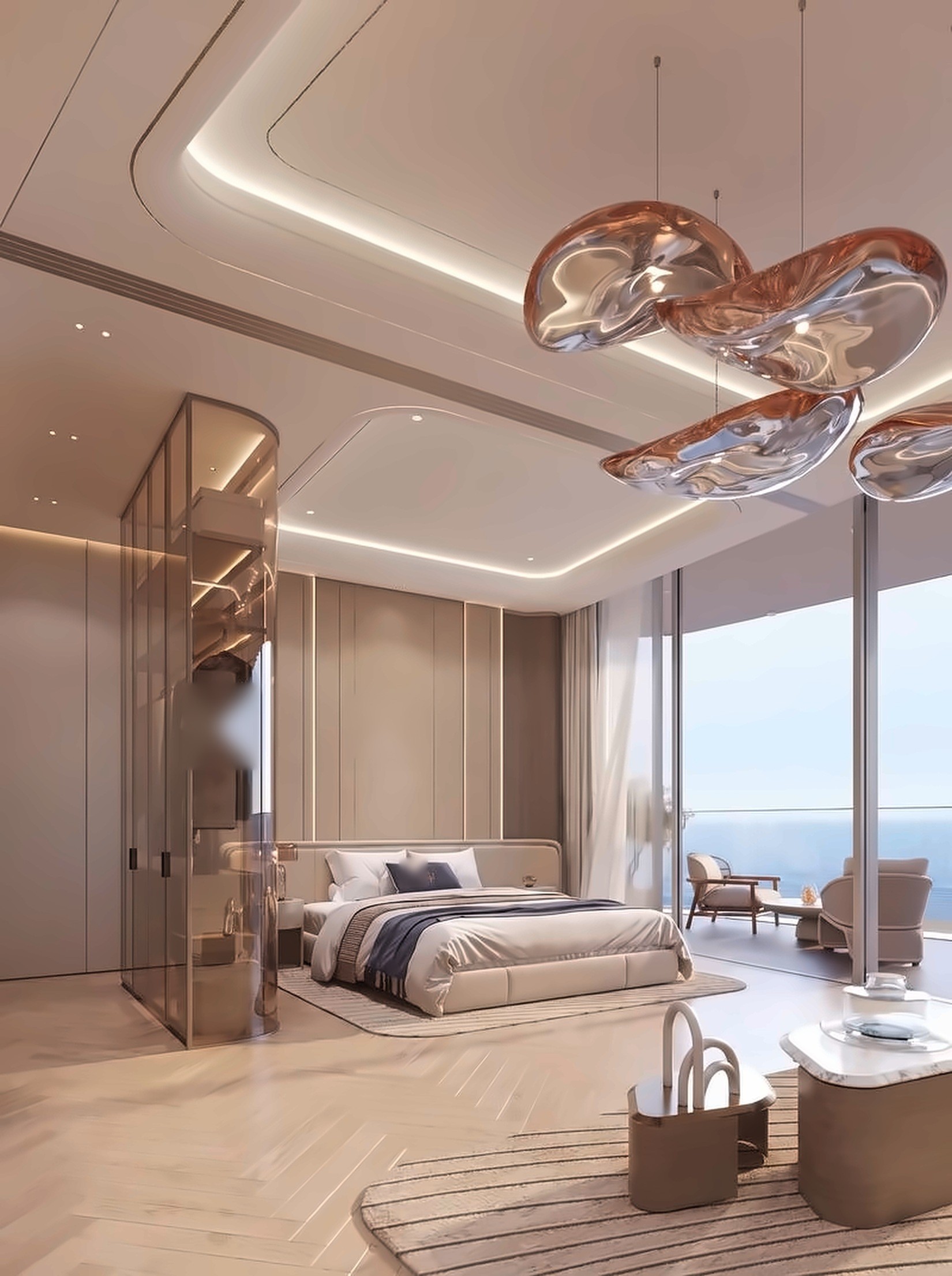 Residence interior finished in warm neutrals with herringbone floors