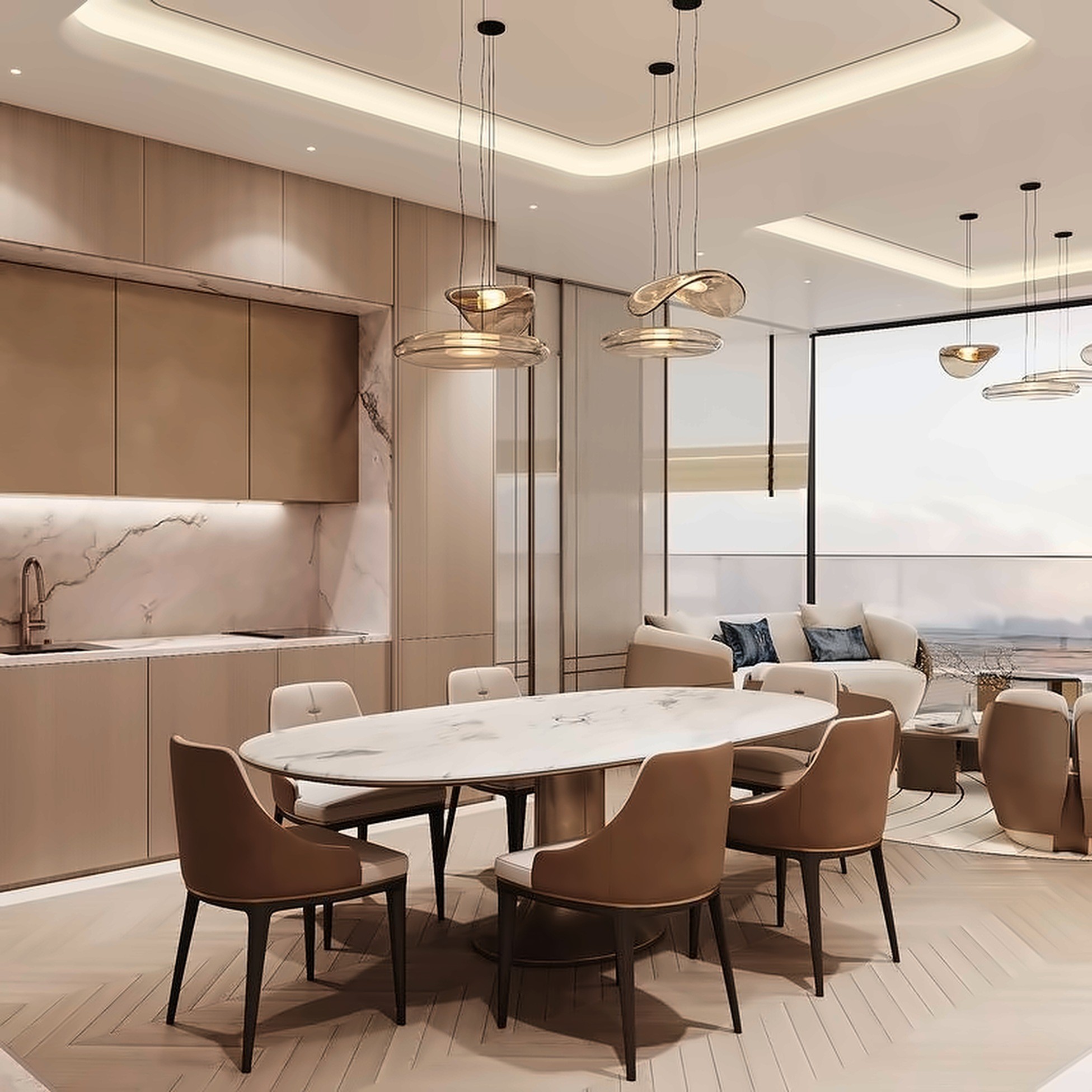 Bright residence interior with glass, stone and oak details