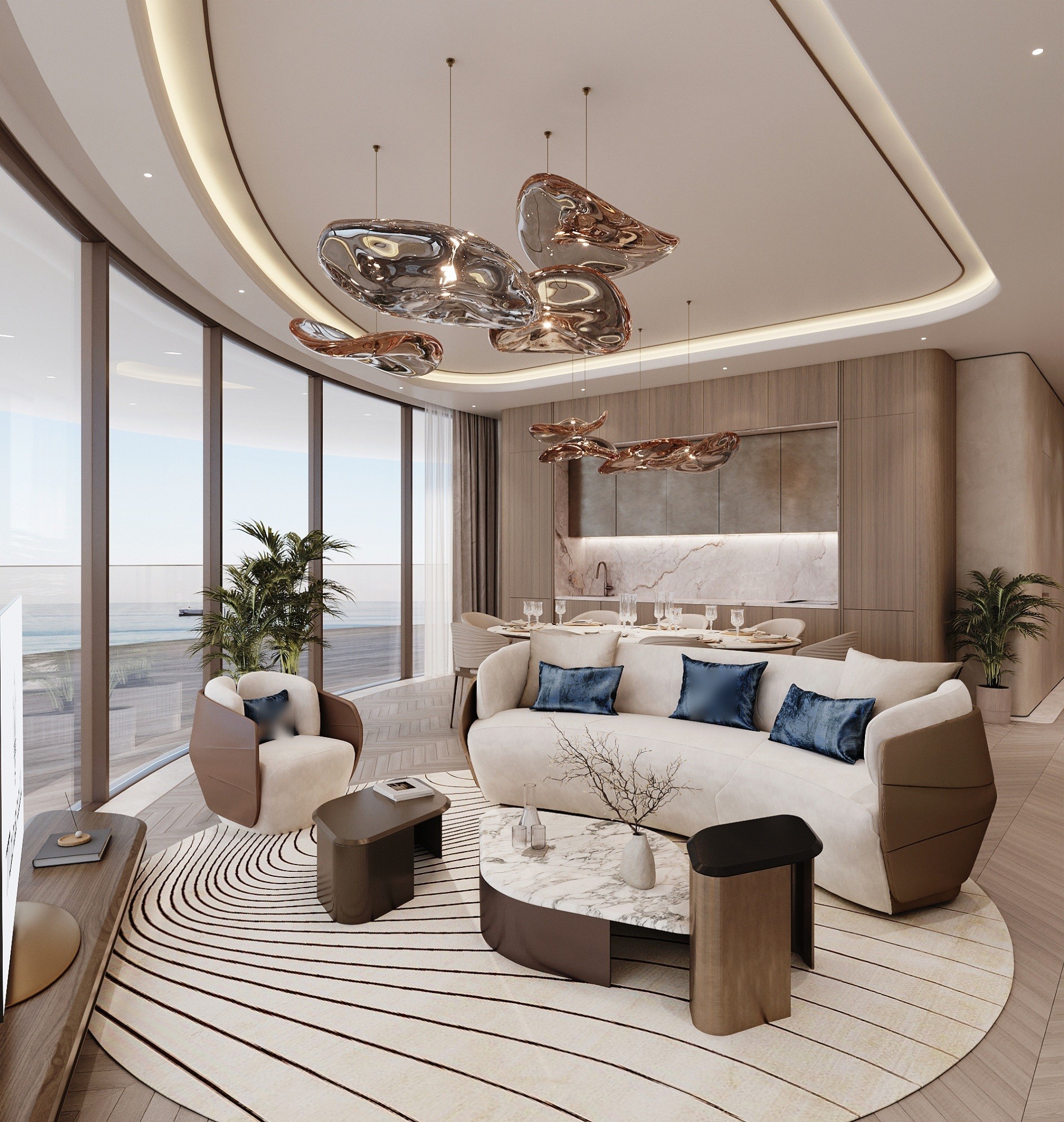 Residence interior with marble surfaces and warm timber