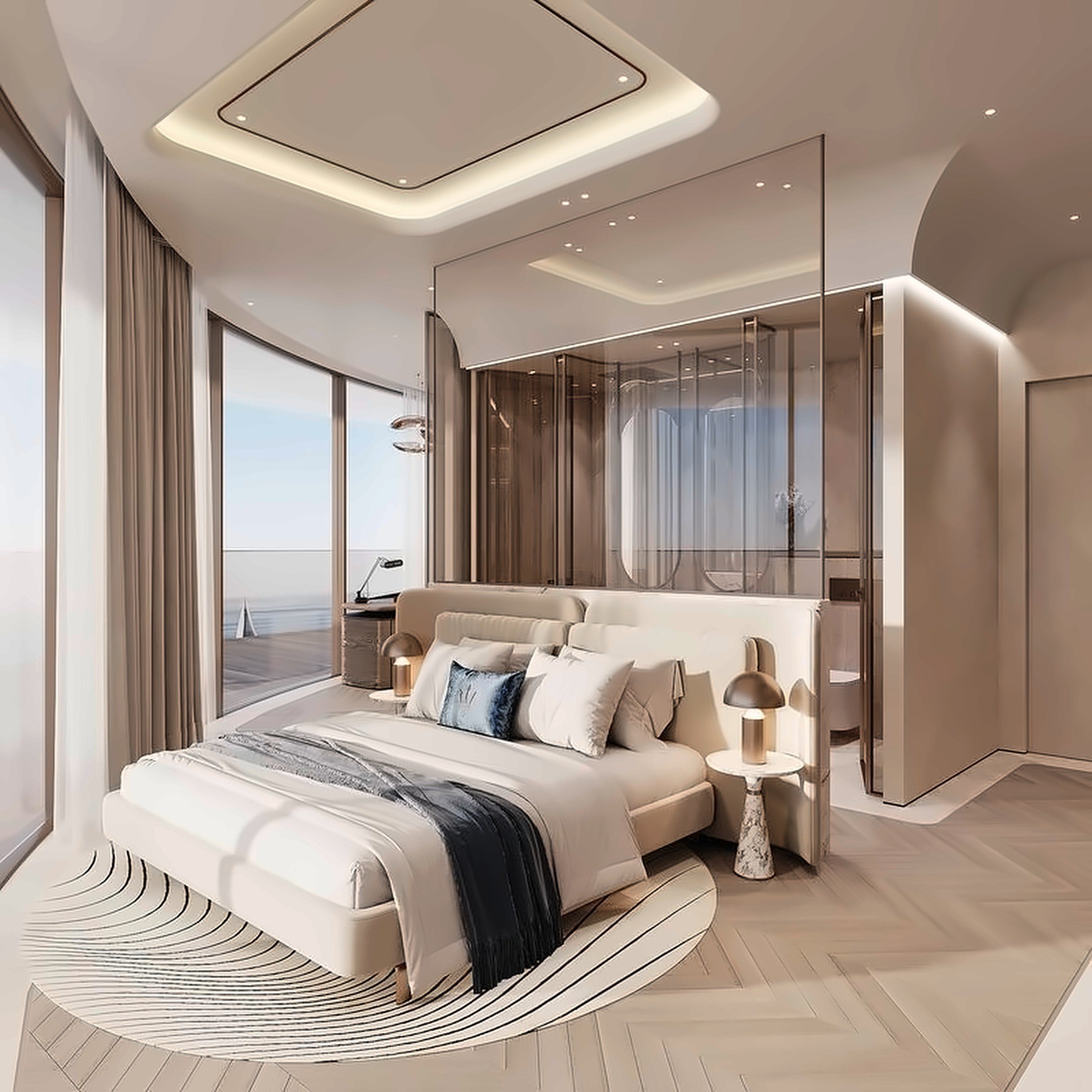 Residence interior with soft lighting and pale furnishings
